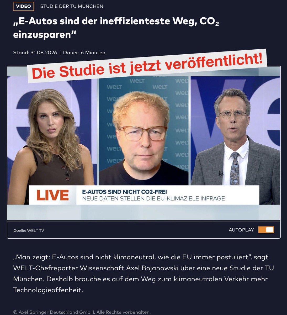 42tw1tter1sd3ad's tweet photo. Hahahaha 🤣
Die Studie zu Elektroautos ist jetzt öffentlich. @welt und @Axel_Bojanowski werden eingesargt, weil einfach was komplett anderes drin steht als sie behauptet haben. Ich kann nicht vor Lachen nicht mehr 🤣
Was für Amateure. Hier die Kernerkenntnisse:

1) E-Autos haben die niedrigsten Lebenszyklus-Emissionen aller untersuchten Antriebe: 121 Gramm COze pro Kilometer, gegenüber 223 beim Benziner, 210 beim Diesel, 185 beim Hybrid, 160 beim Wasserstoffauto.

2) In 92 % der 47 Szenarien liegen sie vorn, im Schnitt 41 Prozent besser. Die vielzitierte Spannweite: 89 % Reduktion bis 21 Prozent Mehrbelastung.

3) Brachte keine Schlagzeile: Ihren Vorteil verlieren sie erst uber einem Strommix von rund 600 Gramm COze pro Kilowattstunde - jeder (!!!!!!) EU-Staat liegt heute darunter. Die Plus-21-Prozent-Fälle stammen von außerhalb Europas.

4) E-Fuels rechnet die Studie selbst vor: 14 % Wirkungsgrad gegenüber 75 beim direkten Batteriebetrieb. Mit heutigem EU-Strommix produziert, sind sie emissionsintensiver als die fossilen Kraftstoffe, die sie ersetzen sollen.

5) der Vorsprung wird laut Studie weiter wachsen

Forderung der Studie:
- eine verpflichtende, verifizierte Lebenszyklus-Berichterstattung. Bei Batterien sind Zertifikate für die Lebensdauer der Batterie in der EU verpflichtend ab 2027. Also mehr Regulierung, nicht weniger. 
- Die Autoren schreiben ausdrücklich, ihr Vorschlag sei eine Verstärkung des Elektrifizierungspfads und kein Rückzug davon.

Kein Wort vom Erhalt des Verbrenners.

Wäre ich Markus Söder und die ganzen AfD Trollos. Ich würde alles Posts schnellstmöglich löschen.
Selbst eine Meta Studie basierend auf veralteten Studien vernichtet diesen Trümmerhaufen.

Ich liebe alles daran 🤣