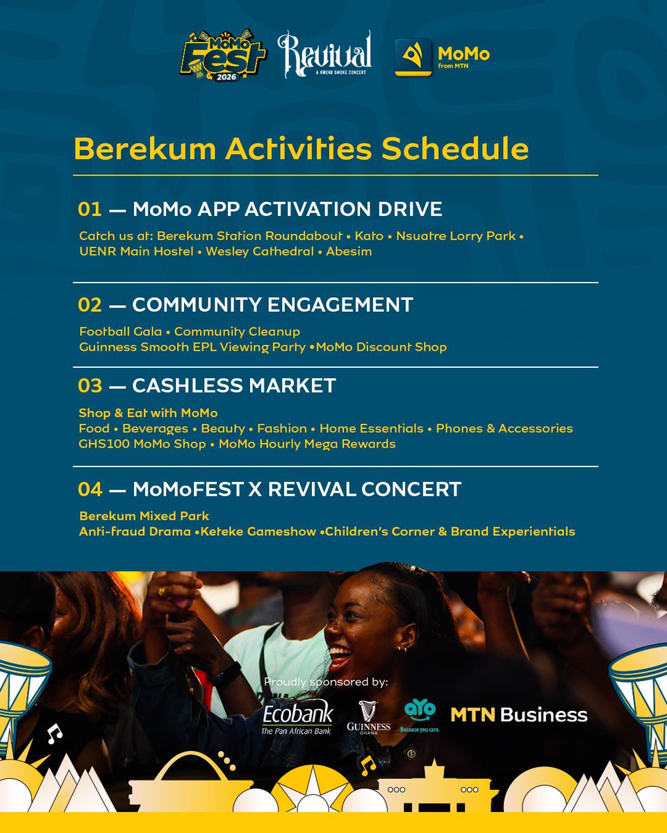 MoMoFromMTNGh's tweet photo. Berekum, this one is bigger than a concert!
From the Cashless Market to Community Action, MoMoFest Hotspots and the main MoMoFest x Revival Concert, something is happening all around town.
Shop. Eat. Play. Win. Jam.
MoMoFest x Revival.
One town. One experience. See you there! https://t.co/lQjexYBUxo