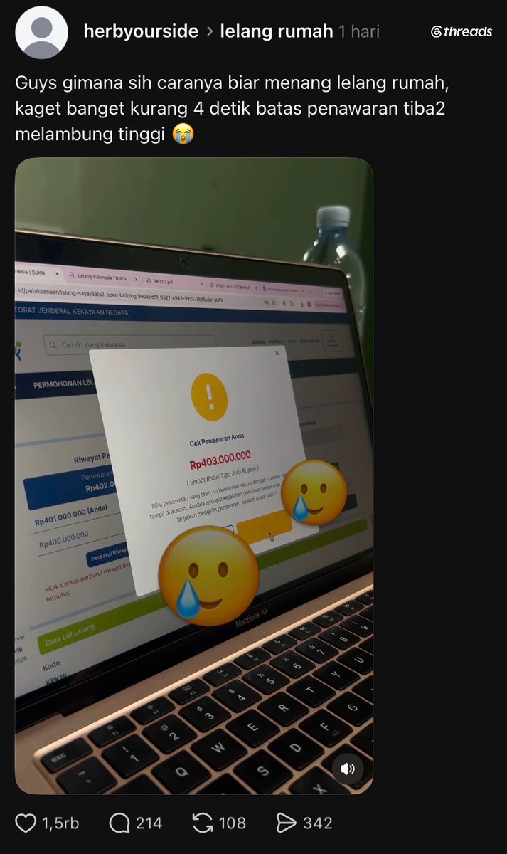 SeekHustle's tweet photo. Jadi orang ini nawar di harga 401jt abis itu ada yang nawar lagi di 402jt, abis itu dia ngajuin lagi di harga 403jt ehh tiba tiba jadi 415jt. 

Ada yang pernah ikut lelang kek gini ga capt? https://t.co/UCHMwTGJZw