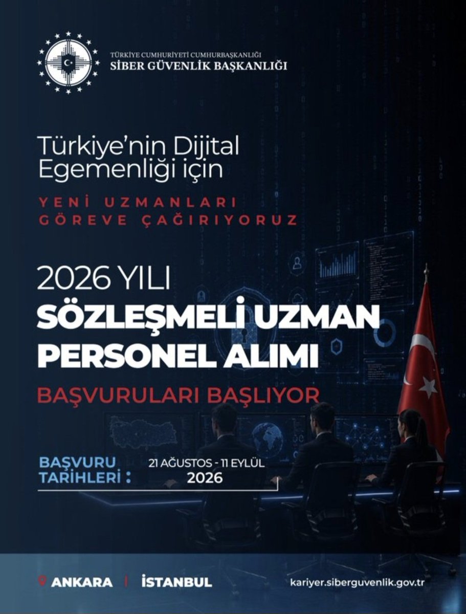 hist_of_intel's tweet photo. Siber Güvenlik Başkanlığı 🇹🇷 47 farklı görev alanında "Sözleşmeli Uzman Personel" alımı gerçekleştiriyor...

Son başvuru tarihi 11 Eylül 2026❗️

Açık pozisyonları görüntülemek, başvuru ve detaylar için 👇 ...

https://t.co/w3O5xiLaBp https://t.co/vFprio7Td3