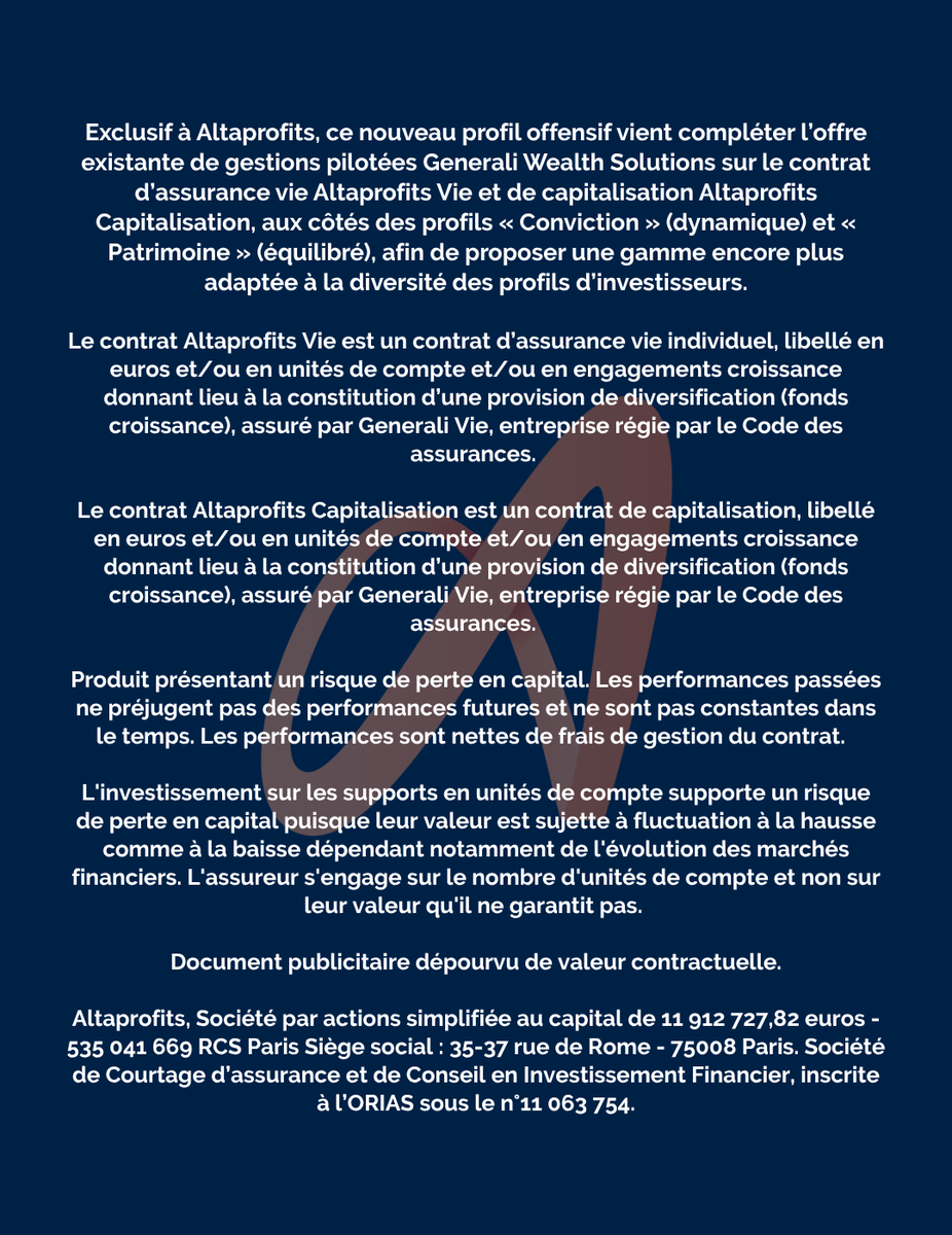 altaprofits's tweet photo. L'investissement en unités de compte présente un risque de perte en capital. Les performances passées ne préjugent pas des performances futures et ne sont pas constantes dans le temps. https://t.co/7PvNbt5Rlo