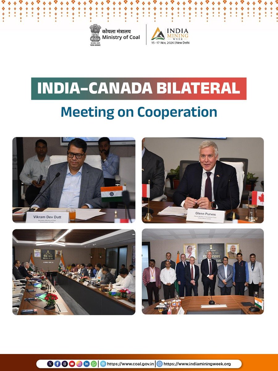 CoalMinistry's tweet photo. Strengthening India–Canada Strategic Cooperation in Coal and Mining

Shri Vikram Dev Dutt, Secretary, Ministry of Coal, held a high-level bilateral meeting with Mr. Glenn Purves, Deputy Minister for International Trade, Canada, along with members of the Canadian delegation and senior officers of the Ministry of Coal.

The discussions encompassed coking coal, coal gasification, renewable energy, CCUS, critical minerals, and mine automation & modernisation, with emphasis on technology collaboration, investment, supply-chain resilience and R&D.

The meeting underscored the significant potential for deeper India–Canada partnership in fostering innovation, strengthening resource and supply-chain security, and advancing a secure, modern, technology-driven and sustainable coal and mining sector.

#MinistryofCoal
#IndiaCanadacooperation