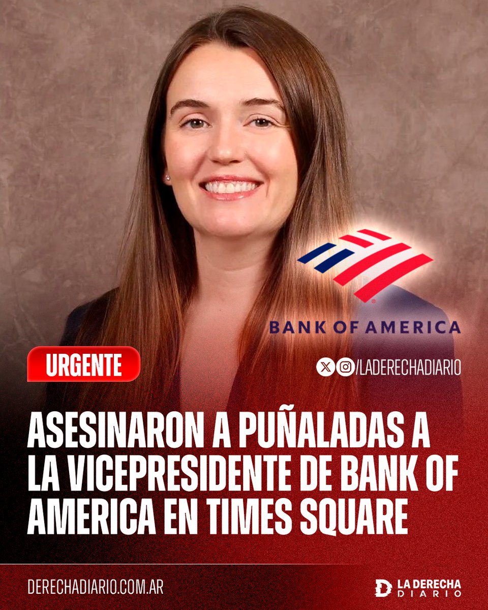 laderechadiario's tweet photo. 🚨🇺🇸☪️ | LA NUEVA YORK DE MAMDANI: Se reveló que Erin Piacenti, vicepresidente del Bank of America, fue identificada como una de las víctimas fatales de Pamela Cisneros, abatida ayer por la Policía de Nueva York en pleno Times Square tras atacar transeúntes al azar con dos cuchillos y resistir las descargas de las pistolas taser.

Piacenti tenía 32 años, se había graduado de Penn y Fordham Law y recientemente había celebrado su segundo aniversario de boda. Murió desangrada mientras era trasladada al hospital.