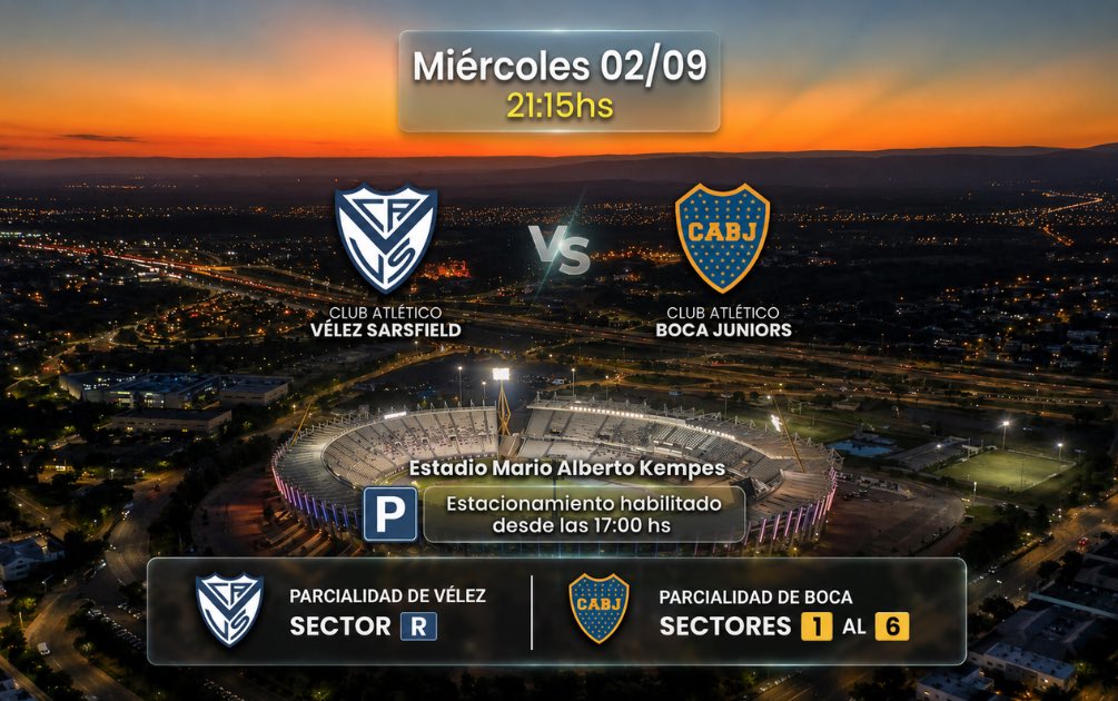 CamdelasSierras's tweet photo. 🎫 Habilitamos en nuestra web la preventa de estacionamientos para el encuentro entre @BocaJrsOficial y @Velez por los octavos de final de la #CopaArgentina, que se disputará en el #Kempes mañana miércoles 2 de septiembre a las 21:15 hs. con la presencia de ambas parcialidades. https://t.co/cQvcB1KhnP