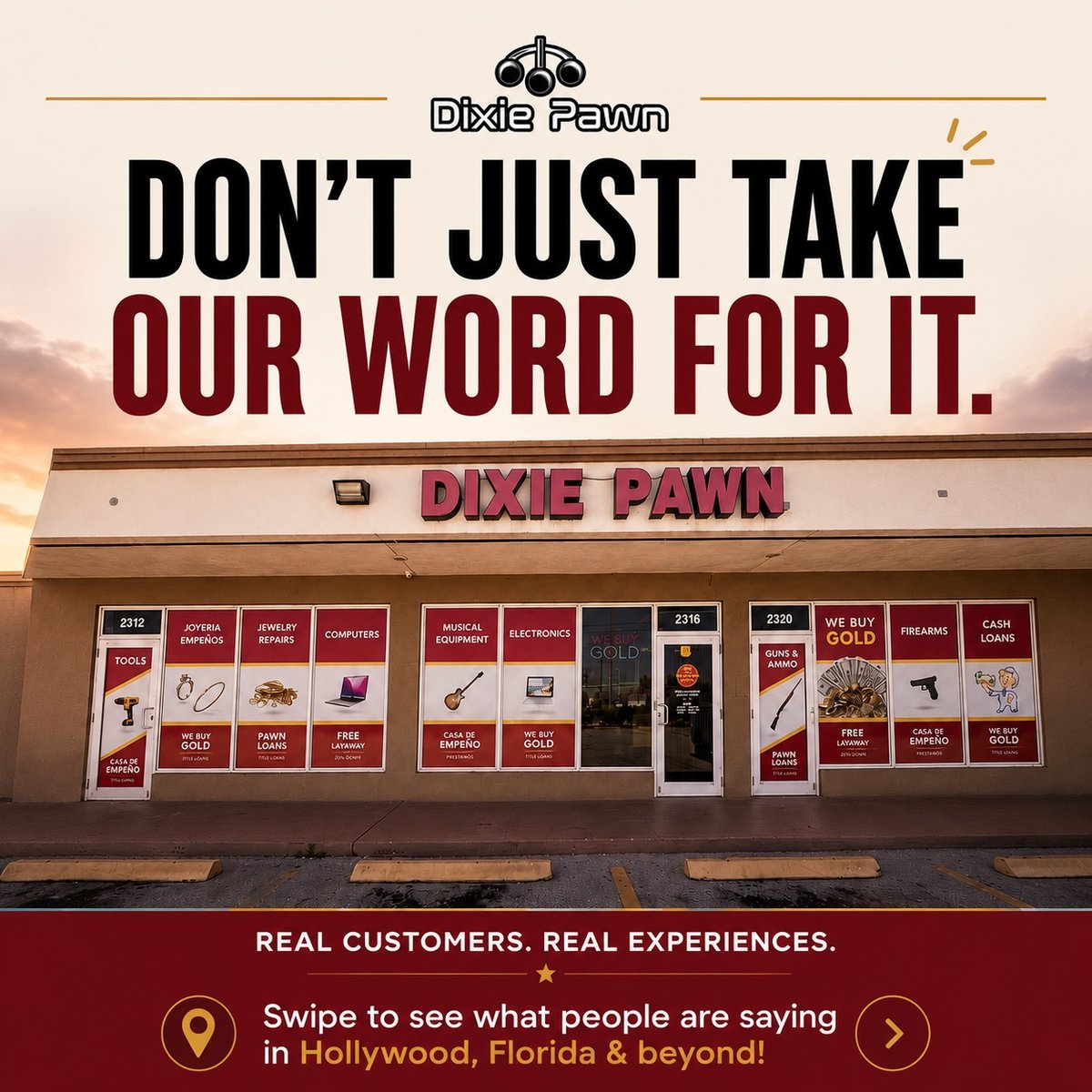 DixiePawnFL's tweet photo. Don’t just take our word for it.

From customers right here in Hollywood to buyers across the country, we’re proud of the trust Dixie Pawn has built over the years.

Local customers highlight our service, fairness and straightforward experience. Online, … https://t.co/qk1MI9KfhH https://t.co/cx6spIp9bW