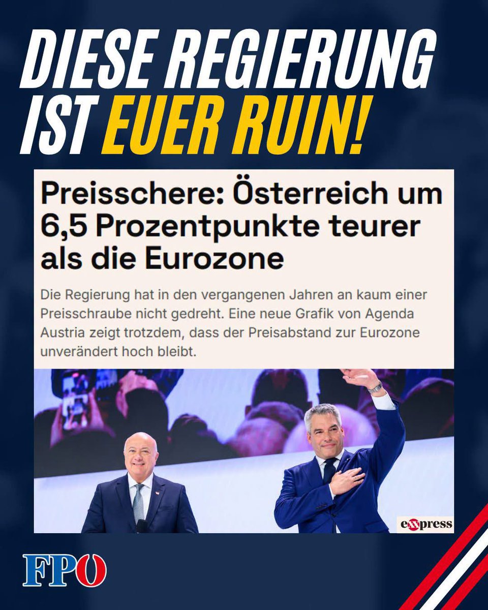 FPOE_TV's tweet photo. Österreich ist 6,5 Prozentpunkte teurer als die Eurozone - das ist die bittere Bilanz der Verlierer-Ampel! Während die Regierung versagt, frisst die Teuerung weiter Einkommen und Wohlstand der Österreicher auf. Einkaufen, Wohnen, Energie – das tägliche Leben ist für viele zur massiven Belastung geworden. Untragbar!