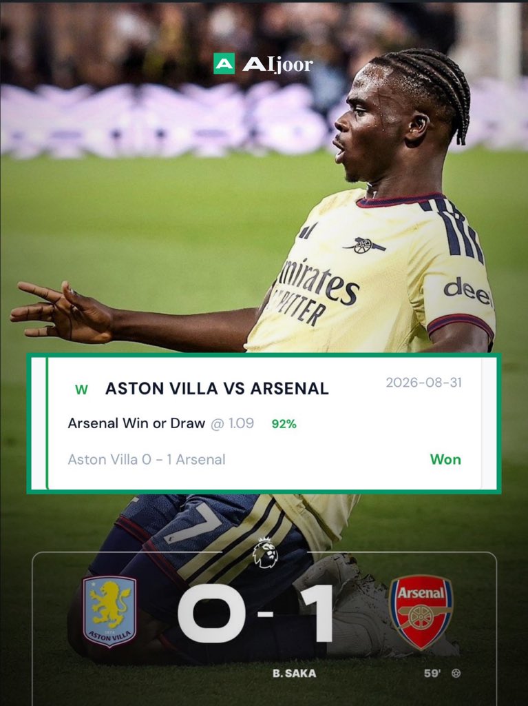 aijoorpredict's tweet photo. We called it again. The goals came.👏

The final score? Aston Villa 0–1 Arsenal. ✅

No vibes. Just receipts. 📊

Another one landed. Another result added to the record. ✅

Predict, Track and Learn with AIjoor

🌐 https://t.co/OQKAvaJb7X

📲 Join our Telegram: https://t.co/97vmOSPVmL…

18+ Bet responsibly.

#aijoor #footballprediction #trackrecord #arsenal #astonvilla