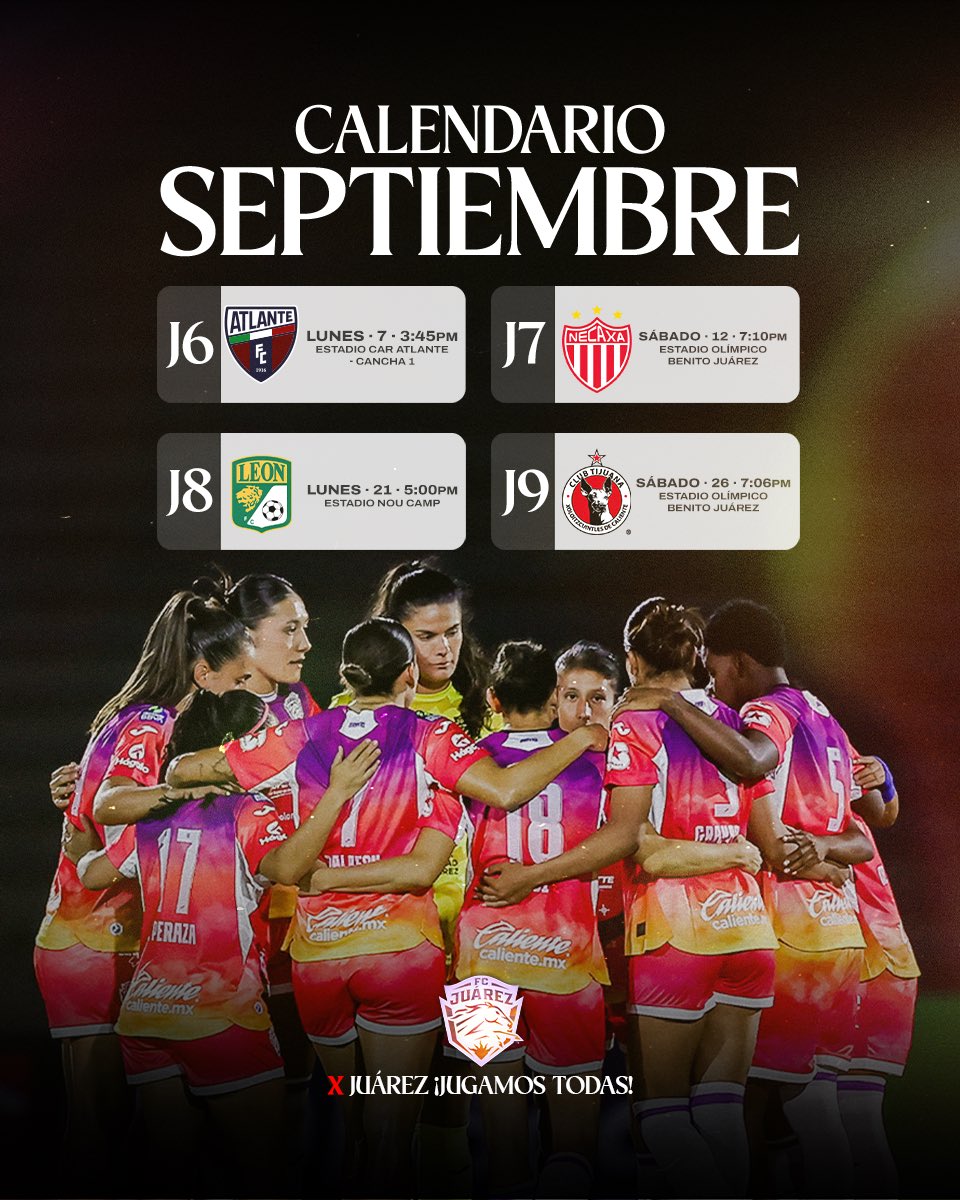 FemenilFcJuarez's tweet photo. Inicia un nuevo mes🗓️ y una nueva oportunidad de seguir siendo Bravas🐎👊🏻

Este es nuestro calendario📆 de partidos de septiembre https://t.co/aMcWjUgKCD