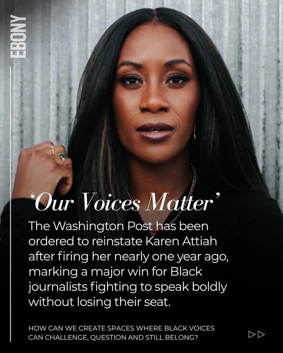 EBONY's tweet photo. Nearly a year after being fired from The Washington Post, @KarenAttiah has been reinstated with back pay and benefits, a win that carries weight for Black journalists fighting to speak boldly and still belong. 🖤

Tap the link to read more: https://t.co/tU79UzosHu https://t.co/NdI2P8wqoe