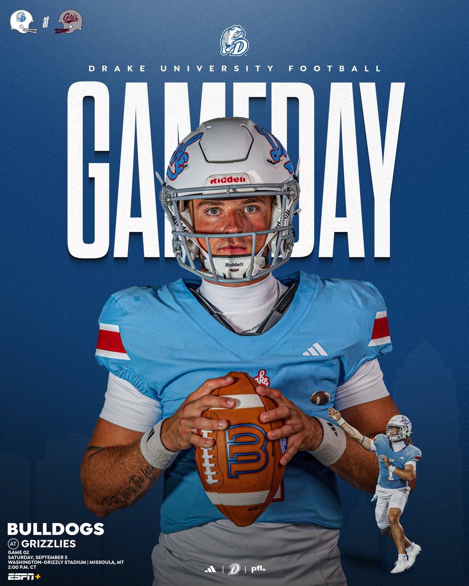 DrakeBulldogsFB's tweet photo. It's Gameday in Montana!!!

⏰: 2:00 PM CT
🏟️: Washington-Grizzly Stadium
📍: Missoula, MT
📺: ESPN +

#DSMHometownTeam https://t.co/xAIKBxmg5I