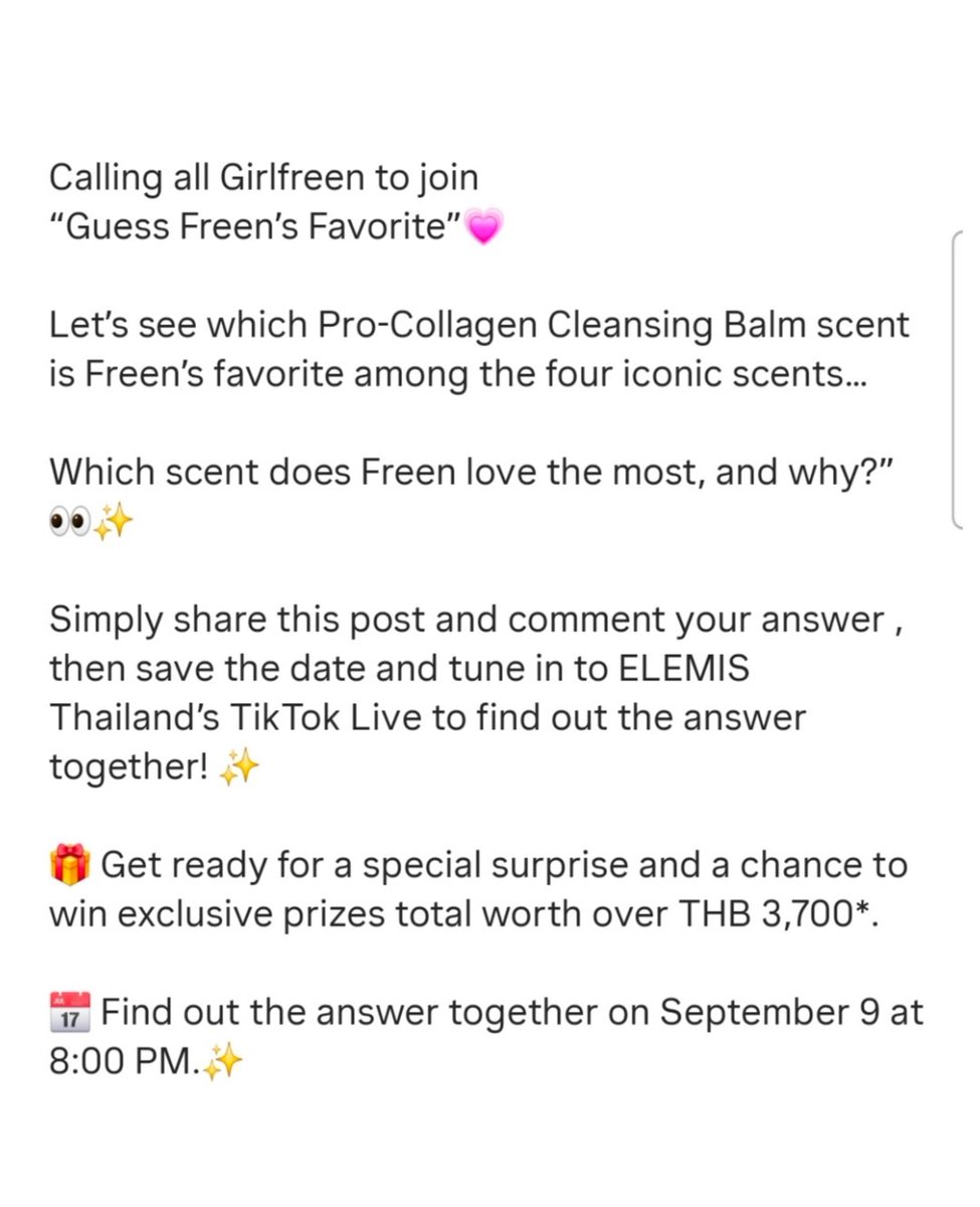 freenguides's tweet photo. ✨SPECIAL ACTIVITY FOR THE MONTH !! ✨

Calling all Girlfreen to join "Guess Freen's Favorite"

#ELEMISTHxSrchafreen
#srchafreen #Elemis
#elemisthailand
#friendofelemisthailand https://t.co/hluDIhhyhz