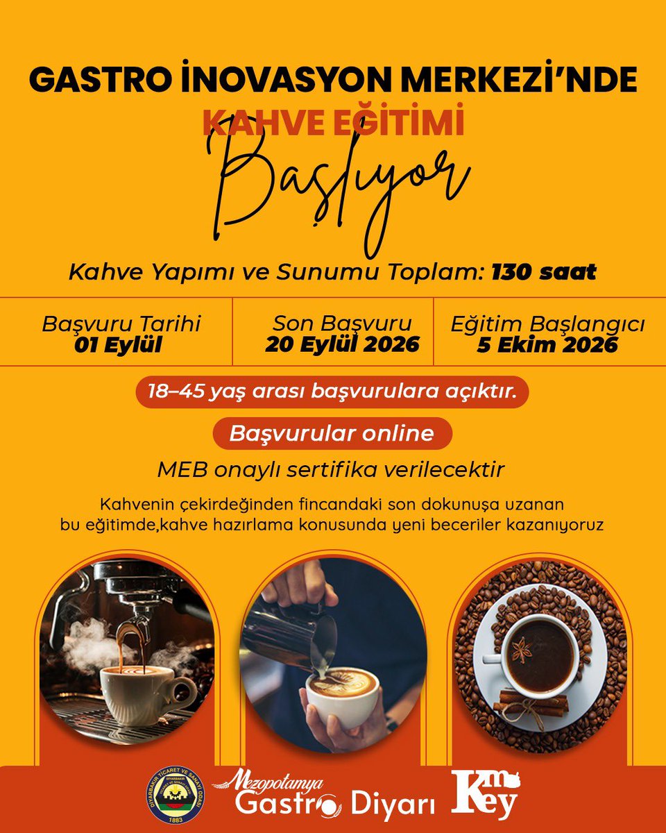 diyargastronomi's tweet photo. 📣 Gastro İnovasyon Merkezi’nde Yeni Dönem Eğitimleri Başlıyor!

DTSO ve Key Ma Kadın Kooperatifi iş birliğiyle Gastro İnovasyon Merkezi bünyesinde 6 yeni eğitim programı hayata geçiriliyor.

🗓️ Başvuru Tarihleri: 1 �� 20 Eylül 2026

Başvuru ⬇️

https://t.co/gcClL0rAO8 https://t.co/89VSleQxZQ