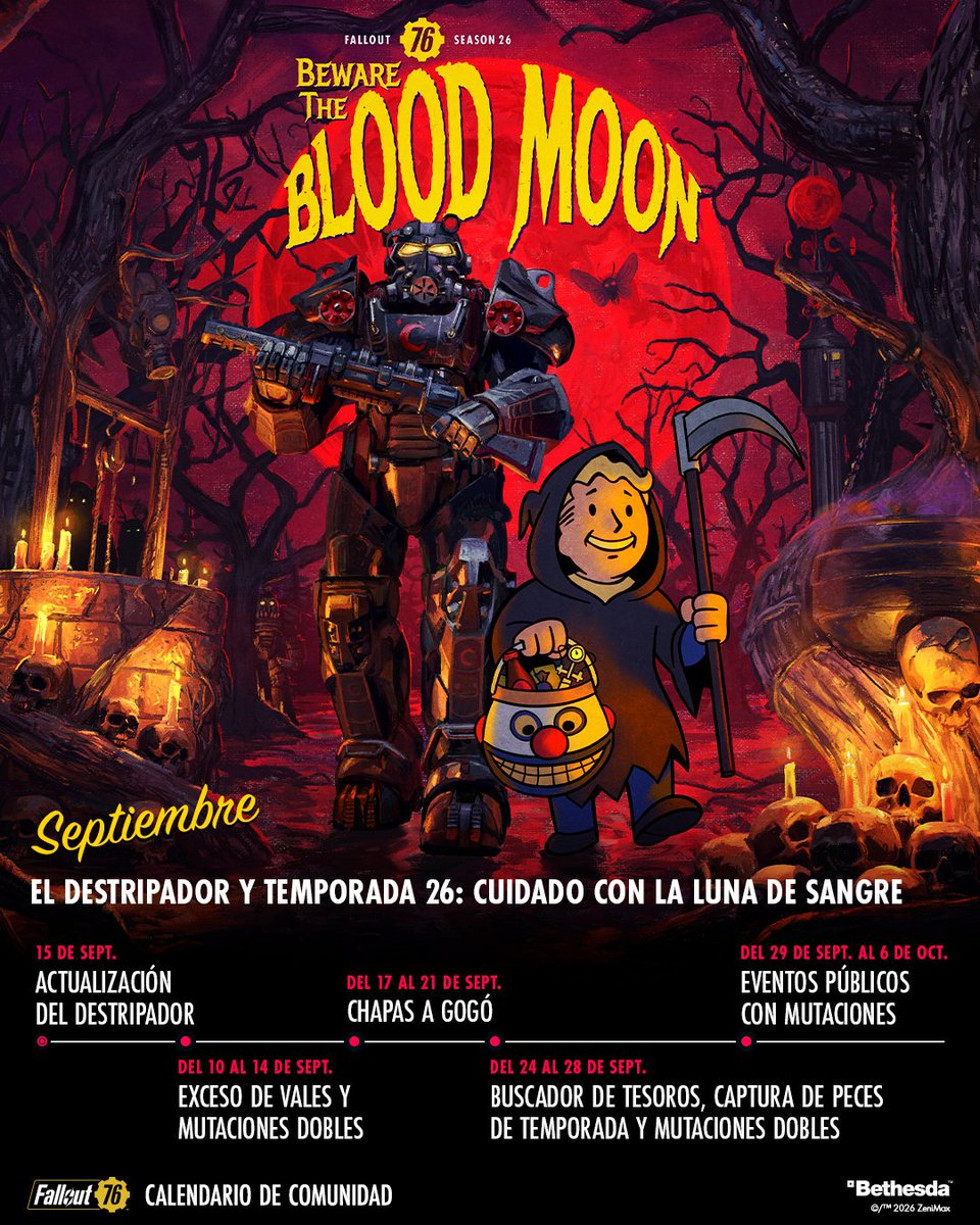 bethesda_ESP's tweet photo. ✍️ ¡Marcad vuestros calendarios! Tenemos un mes de septiembre calentito en #Fallout76 🗓️🔥 https://t.co/1Vl6wVv5DS