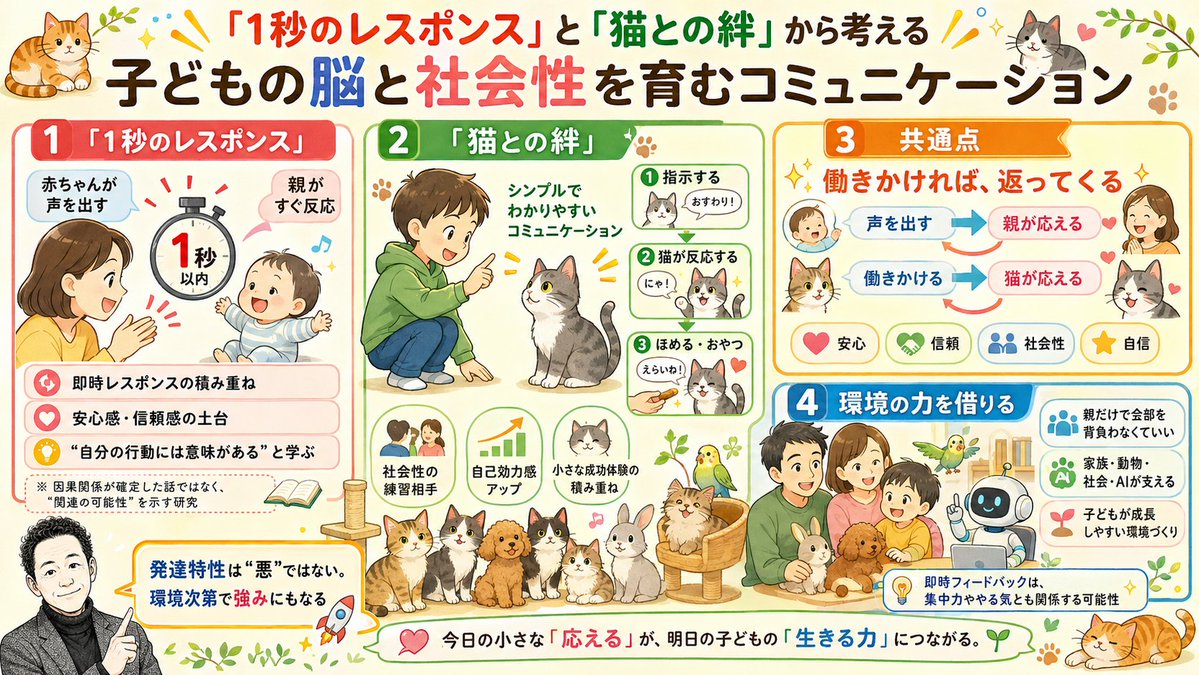 yZDSXgIB7vO2cLV's tweet photo. 発達障害、ADHD、ASDについて考えるうえで、興味深い2つの研究。

「赤ちゃんの声に、親が1秒以内に反応する」
「発達障害のある子どもが、猫を訓練する」

一見まったく違う話ですが、共通しているのは
「自分が働きかけると、相手から反応が返ってくる」という体験です。

この“即時レスポンス”が、安心感・社会性・自己効力感、そして集中力にも関わっている可能性があります。
もちろん、ADHDやASDは遺伝的要因も大きく、単純に育て方で決まるものではありません。

だからこそ大切なのは、子どもを無理に変えることではなく、

その子が力を発揮しやすい環境をつくること。

親だけでなく、家族、友人、動物、そして将来はAIやロボットも、その環境の一部になるかもしれません。
記事にまとめました。
https://t.co/Kd7gosCn1A
#発達障害 #ADHD #ASD #子育て #発達支援 #集中力