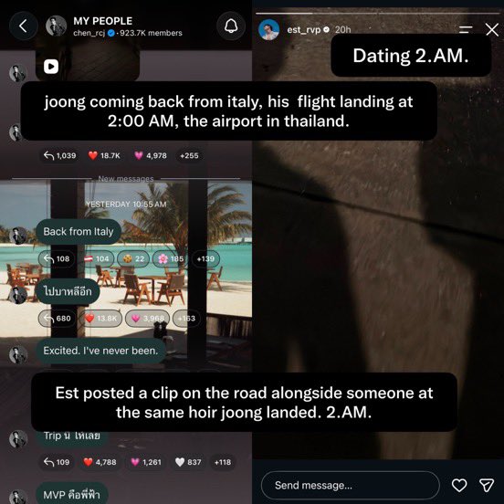 ChenEstRest's tweet photo. •Joong landed last night at 2AM 
•Est posted a story on the road alongside someone that exact hour.
•This morning #Est appeared with a clear sign of an intimate moment shared right after #joong return before heading off to work.
•This evening,he’s out on another date with him https://t.co/vinjbomJpr