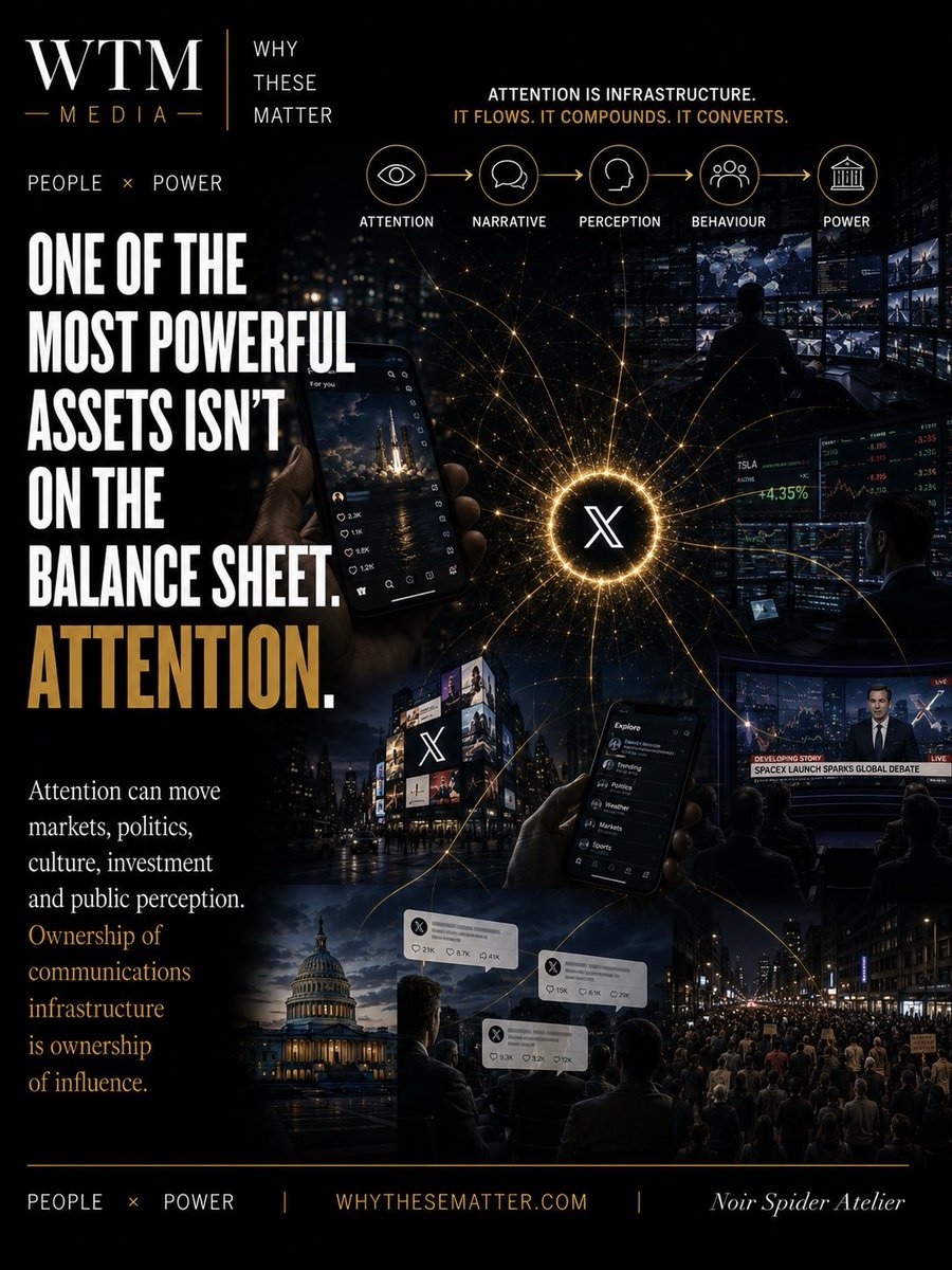 whythesematter's tweet photo. Elon Musk is very easy to make the story, which is precisely why many keep missing the larger one.

Look beyond the man and a different architecture comes into view: mobility, space, communications, artificial intelligence, energy, robotics and media—industries once treated as separate domains increasingly converging into interconnected systems of power.

And pragmatically, when systems converge, so do the consequences.

Let’s break it down: A satellite network becomes communications infrastructure - AI becomes economic infrastructure - Media becomes geopolitical influence - Automation becomes a question of who captures productivity - Private infrastructure becomes a question of public governance.

This is where the Musk story becomes something much larger than Musk. The defining question of the next era may not simply be who invents the future first.

It may be:

Who owns it?
Who governs it?
Who benefits from it?
And who lives with the consequences?

The story is not simply about one man, It is the architecture of the future he’s building.

Read the full WTM Editorial Intelligence investigation:

Elon Musk and the Architecture of the Future

READ THE FULL EDITORIAL INTELLIGENCE → WHY THESE MATTER⁠

https://t.co/xMx4XXWTaO

#ElonMusk #Technology #Power #WTMMedia #WhyTheseMatter