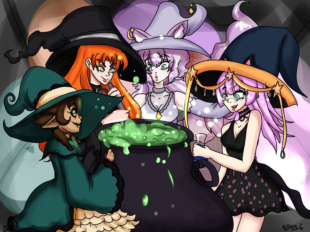 ZeVasq's tweet photo. The Twitch Witch Coven (Consisting of me, KitsunariSoleil, TheLunaLavender and KittyAlexaundria) work together to brew a magic potion, or maybe a special curse? Who knows?
#art #nothalloweenyet #twitch #witch https://t.co/XXZoConJXF