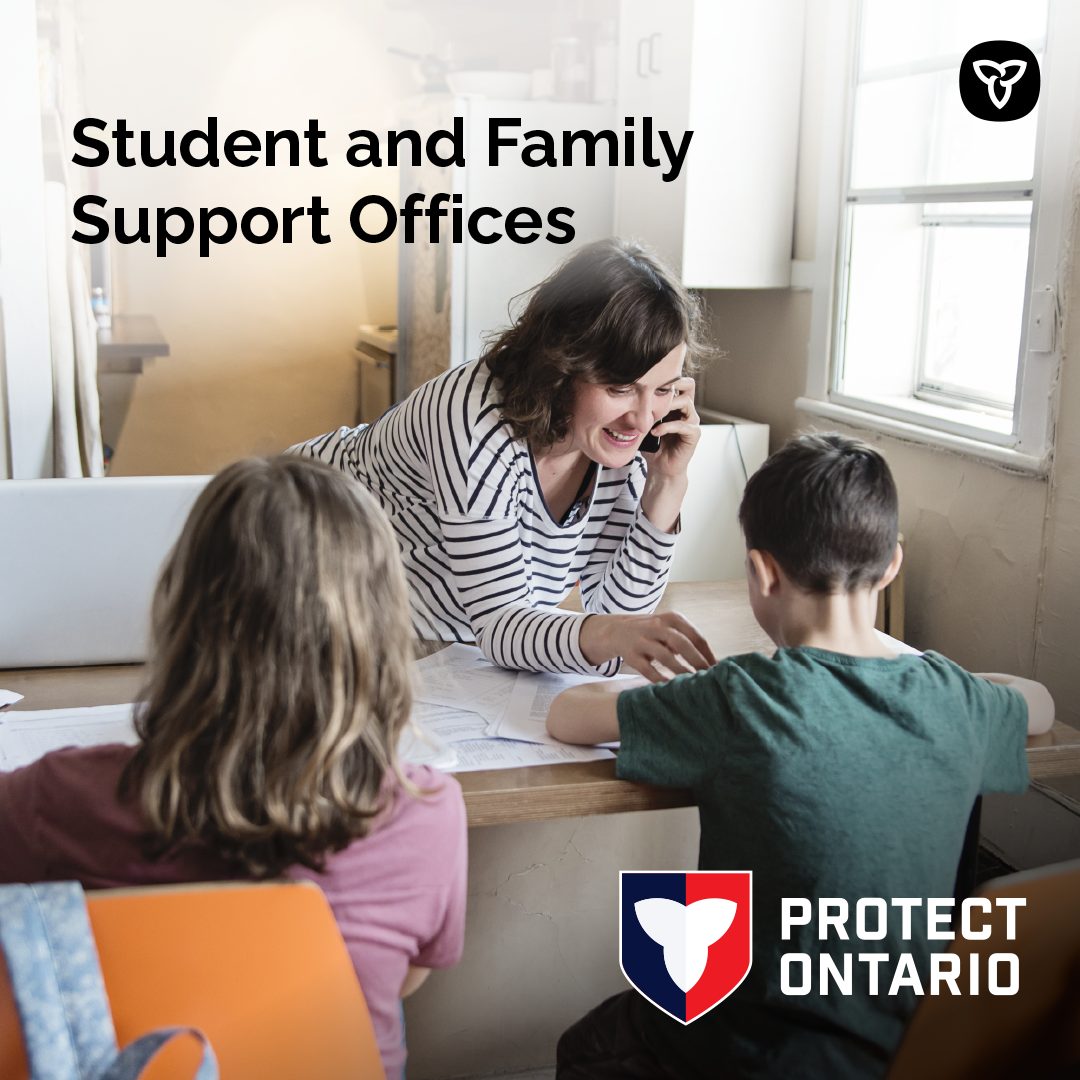 A parent talks on a cellphone will showing something to her children. Image text reads: Student and Family Support Offices. 