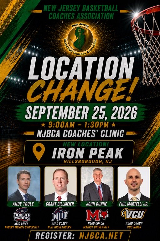 NJBCA_Official's tweet photo. 🏀 THE 7TH ANNUAL NJBCA COACHES CLINIC IS HERE! 🏀

Calling all coaches! Don’t miss this opportunity to learn, connect, and grow alongside some of the best basketball coaches in New Jersey.

📍 Iron Peak Hillsborough 137 Mountain View Rd, Hillsborough, NJ
📝 REGISTER TODAY: 🌐 https://t.co/gHEin6A92n

Come sharpen your coaching skills, gain valuable insight, and connect with the NJ basketball coaching community!
#NJBCA #CoachesClinic #NewJerseyBasketball