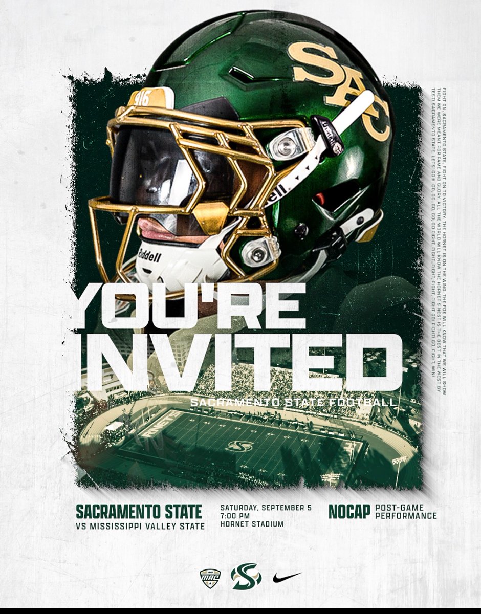 SacHornetsFB's tweet photo. 🚨🚨HS AND JUCO RECRUITS🚨🚨
You are invited to come out this Saturday night to watch the Hornets vs. Mississippi Valley State.  You can bring (2) guests - all for free!
🗓️: Sat, Sept 5
⏰: 7:00PM (6:00 for field access)
🎟️: https://t.co/45Au2xvP8N
📍: Hornet Stadium

#StingersUp | #GreenLine | #ZoTime