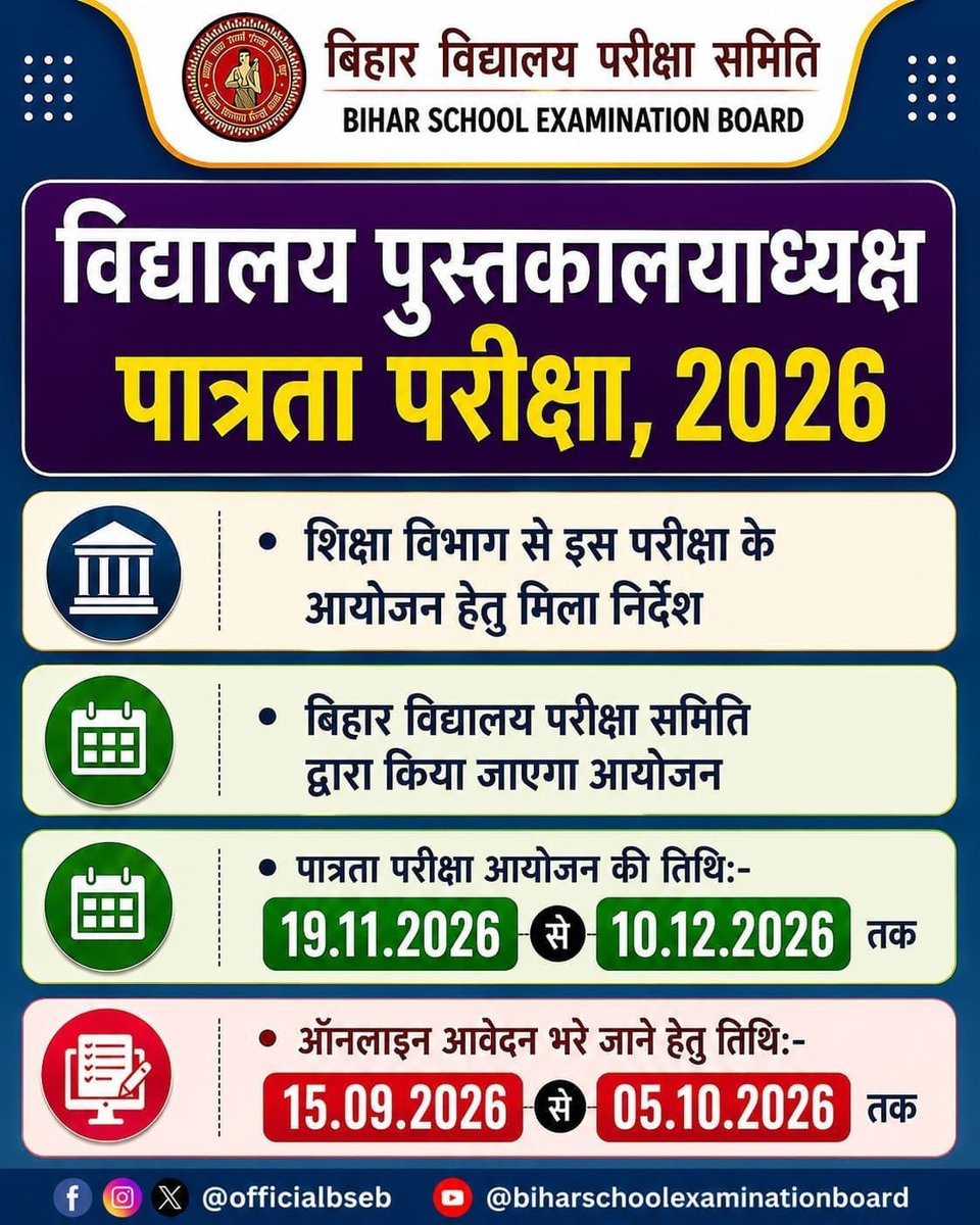 RecentlyUpdates's tweet photo. 🌠विद्यालय पुस्तकालयाध्यक्ष पात्रता परीक्षा, 2026 https://t.co/p3DmRvfgKG