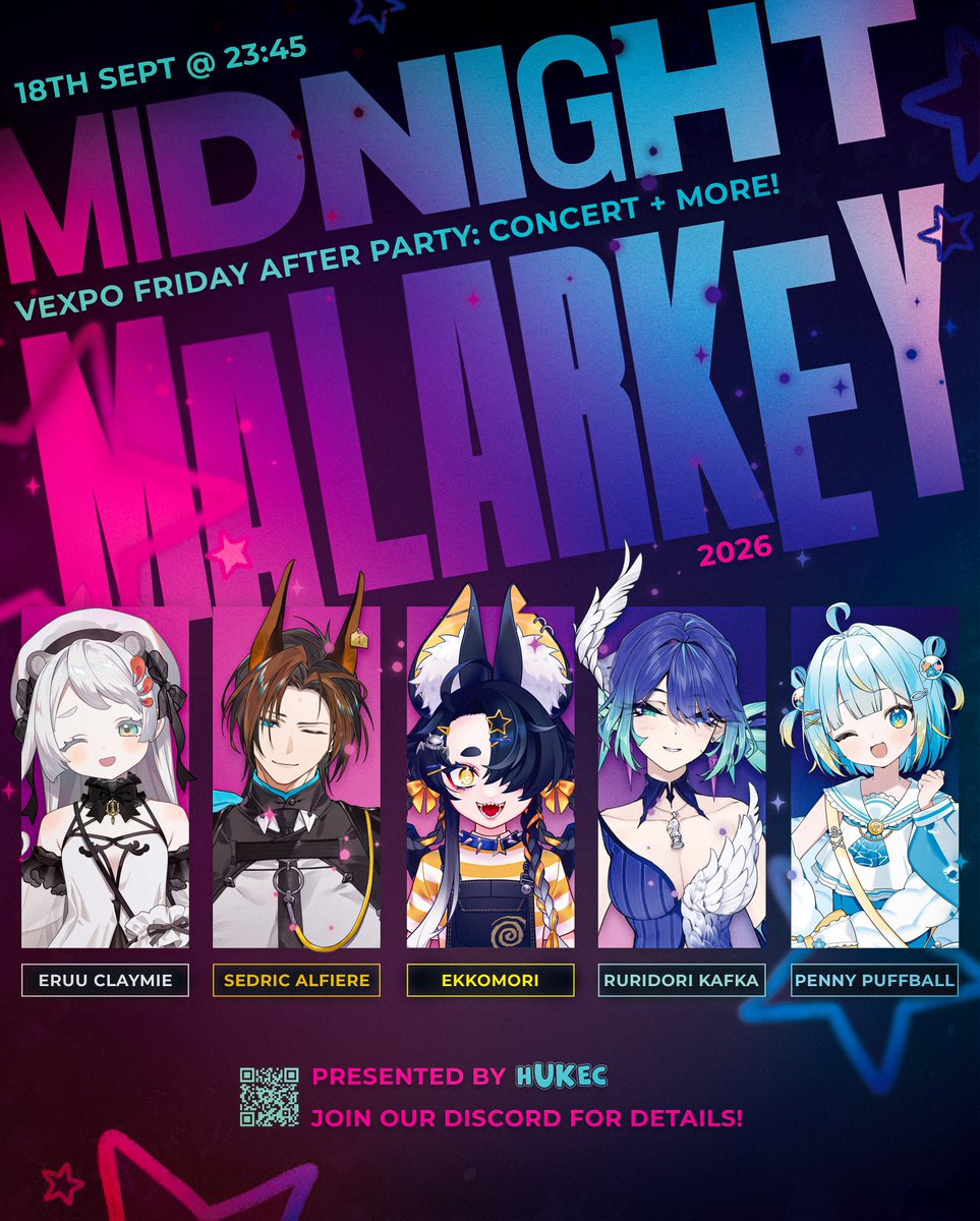 HololiveUKEC's tweet photo. Looking for more excitement after the Friday opening concert? HUKEC presents Midnight Malarkey, the unofficial VeXpo Friday after-party! 🎉 

With a five VTuber concert lineup, free drinks 🥂, and unlimited vibes, not pulling up would be a mistake! Join our discord for more info! https://t.co/rhxQxHR6It