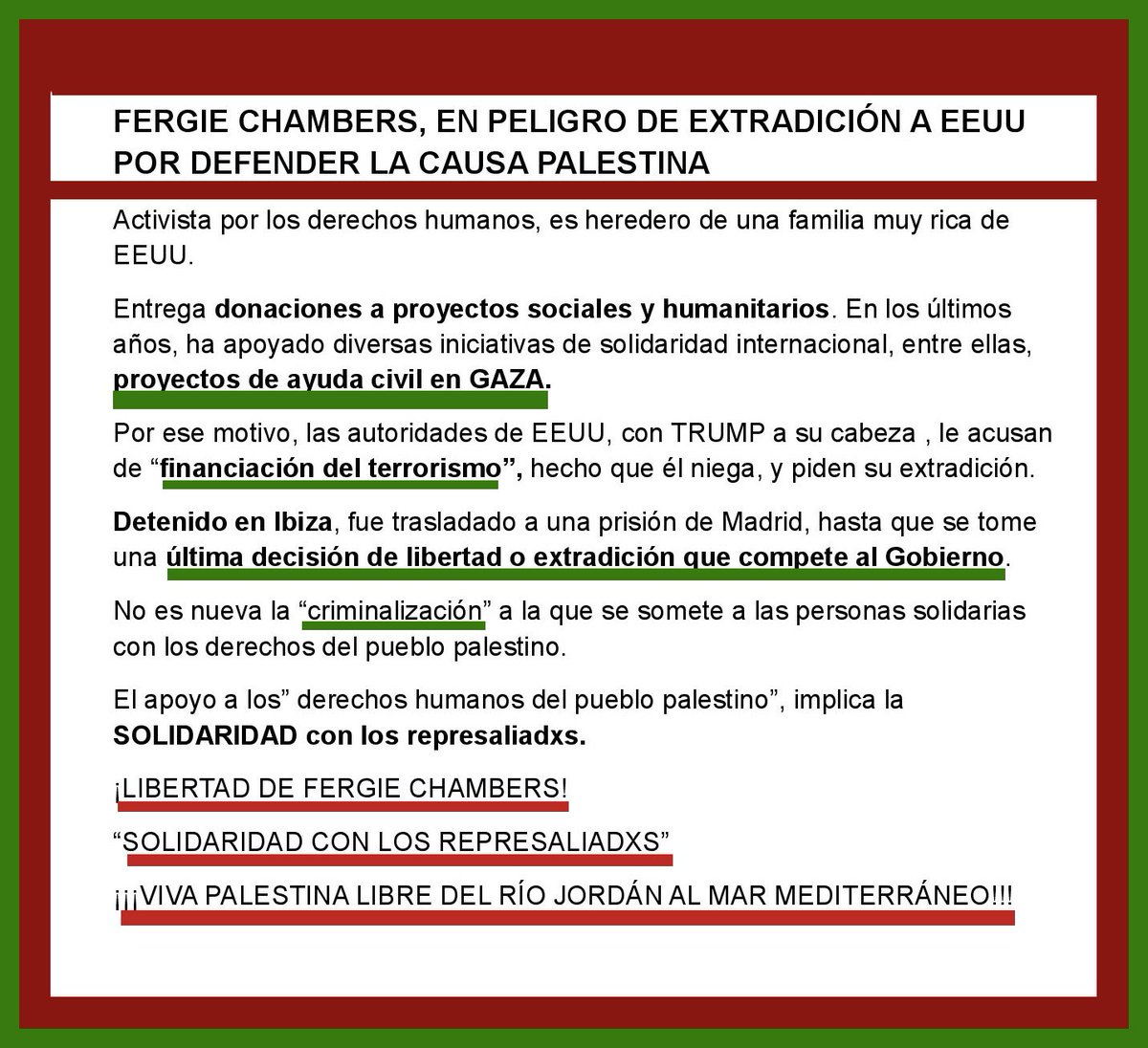 LibreRegion's tweet photo. ‼️FERGIE CHAMBERS,EN PELIGRO DE EXTRADICIÓN A EEUU POR DEFENDER LA CAUSA PALESTINA‼️
Concentración 5 septiembre 20h.Delegación de Gobierno,Murcia
¡LIBERTAD DE FERGIE CHAMBERS!
¡SOLIDARIDAD CON LOS REPRESALIADXS!
#VivaPalestinaLibreDelRioAlMar
             https://t.co/MNJMICdBE7 https://t.co/4kYnw6xfPp