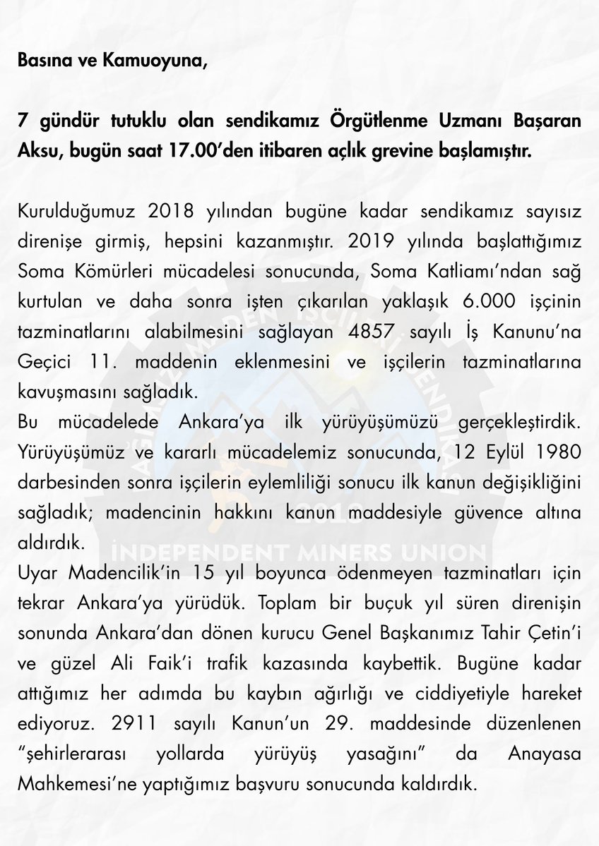 bagimsizmadenis's tweet photo. Basına ve kamuoyuna,

7 gündür tutuklu olan sendikamız Örgütlenme Uzmanı Başaran Aksu bugün saat 17.00’den itibaren açlık grevine başlamıştır. https://t.co/FbrQ24Xlbw