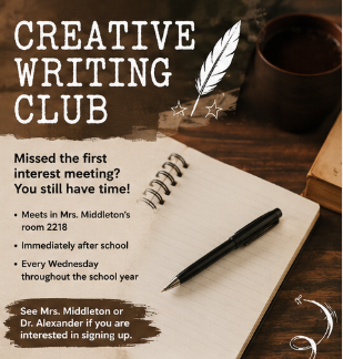 GrovesRebels's tweet photo. ✍️ Missed the first Creative Writing Club meeting? No worries! Join us Wednesdays after school in Room 2218. See Mrs. Middleton or Dr. Alexander to sign up! https://t.co/axSepzOyLB