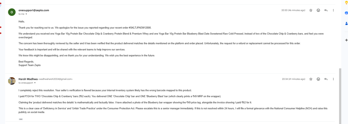 HarshWa2004's tweet photo. Appalling service from @ZeptoNow @aaditpalicha. Ordered two ₹62 items but received one correct &amp; one cheaper ₹49 item. Support refuses refund, claiming order is correct. Charging for a higher-priced item &amp; delivering a cheaper one is unfair. 
Order: #SKLTJPAEM12886
#Zepto https://t.co/V2JU7SCNlz