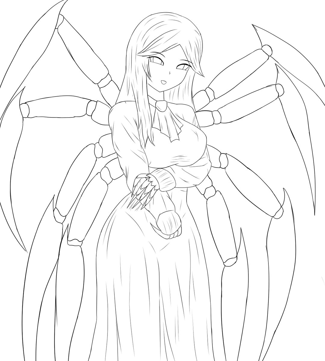 RockWarPY's tweet photo. Line art of Andressa, with her dress and spider legs.
#OC #sketch #smallartist #draw #lineArt https://t.co/nj2ttDyUyQ