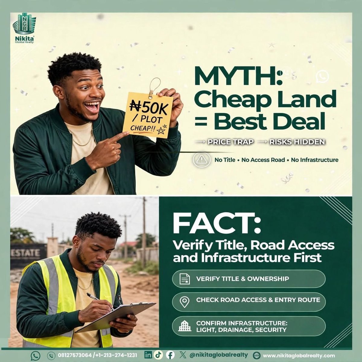 nikitarealty's tweet photo. ₦50K per plot?! Sounds like a steal... or a trap. 🚨

Cheap land ≠ best deal. Verify title, road access, and infrastructure FIRST. No title, no access road, no infrastructure = risk. 💚
📞 08127573064 | +1-213-274-1231

#MythVsFact #DueDiligence #RealEs #NikitaGlobalRealty https://t.co/JkvyChII5s