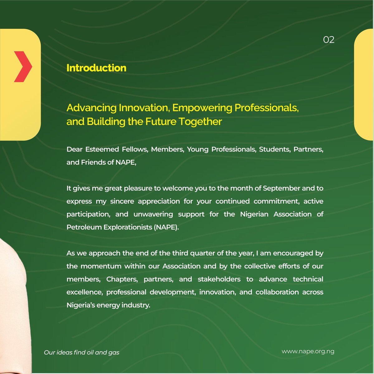 NAPENigeria's tweet photo. SEPTEMBER MESSAGE FROM THE PRESIDENT 🎙️
A new month. A renewed focus. A shared vision for the future of geoscience and energy.
🎥 Hear from the NAPE President in her September Message.
#NAPE #NAPE2026 #PresidentsMessage #Geoscience #EnergyFuture https://t.co/0gAGPA1iKp