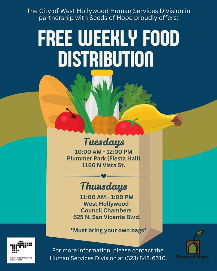 WehoCares's tweet photo. #WeHo, did you know there are two weekly food distribution locations in the City? 🥕🍎

📅 Tuesdays | 10 AM to 12 PM
Learn more: https://t.co/nq0PCnMydF

📅 Thursdays | 11 AM to 1 PM
Learn more: https://t.co/Be5aWhGMEH

Need more community resources?📖 https://t.co/1DrsUtmrWv https://t.co/u65e8YNi82