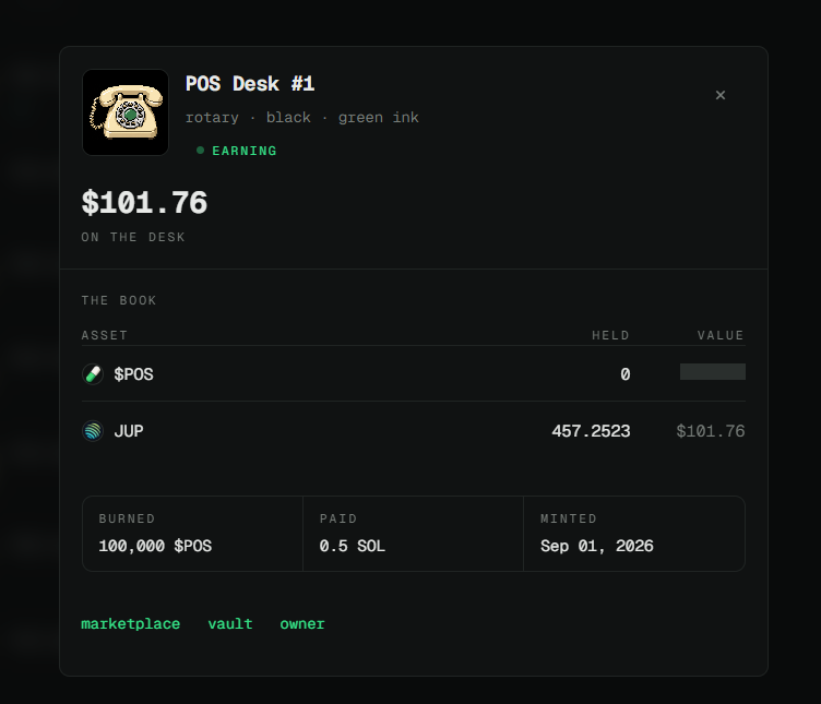 POSDesks's tweet photo. First POS round settled on mainnet.

The pot spent 1 SOL, bought 457.25 JUP through a live route, and credited every live desk an equal share. It sits in the desk's own vault now, not a pool.

A desk is an NFT that owns that vault. Sell the desk and the book goes with it.

https://t.co/YPkzjfe1qh