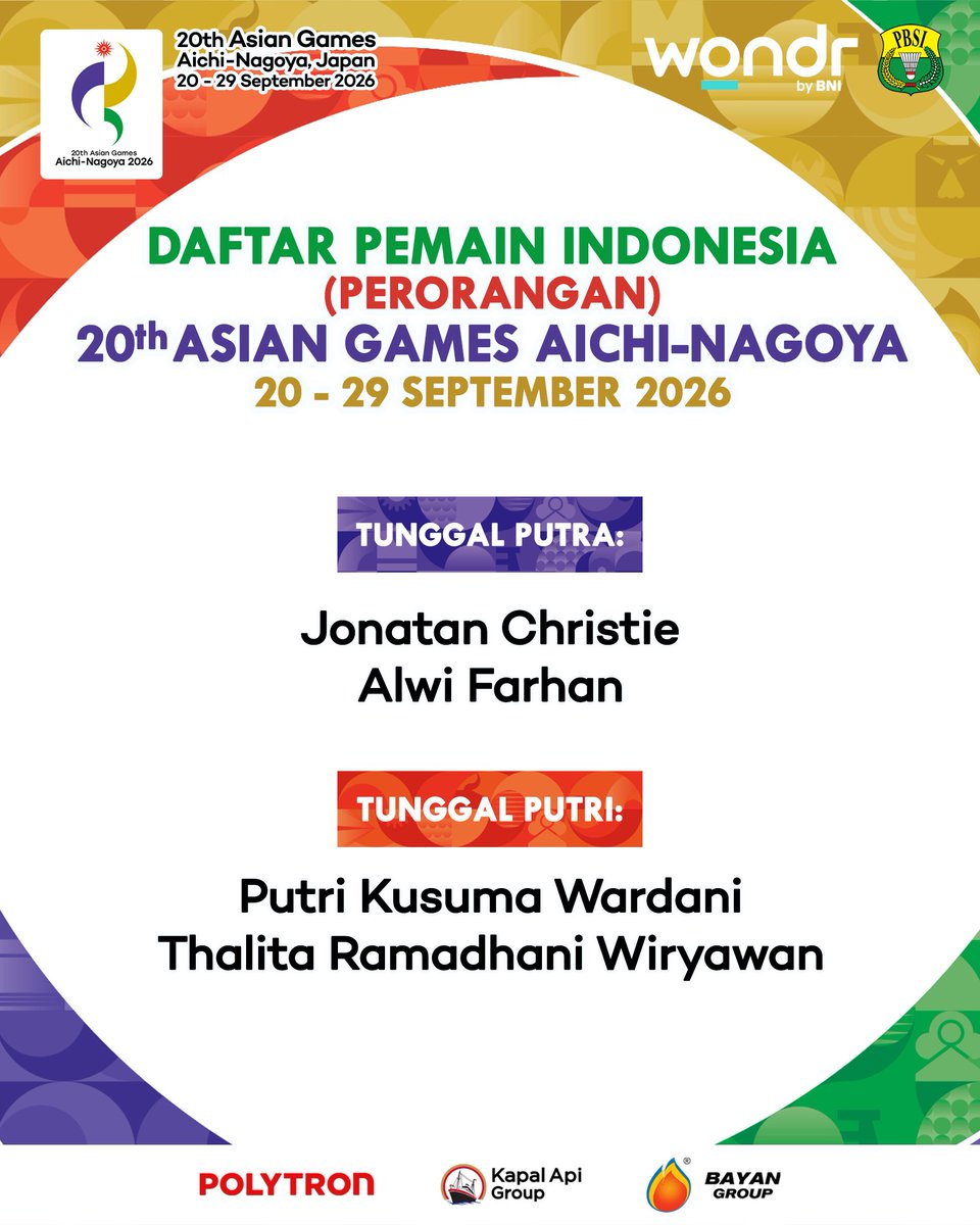 INABadminton's tweet photo. Daftar nama tim Indonesia untuk Asian Games 2026 di Aichi-Nagoya, Jepang.

Penetapan skuad ini dilakukan setelah melalui proses evaluasi secara menyeluruh. Kami melihat performa, kondisi fisik dan teknis masing-masing pemain, serta kebutuhan tim. Dari situ kami menentukan komposisi yang paling sesuai dengan target dan kebutuhan Indonesia di Asian Games.

Masuknya Fadia dan Joaquin dalam komposisi ini juga merupakan bagian dari strategi kami untuk memenuhi prioritas utama PP PBSI, yaitu mengejar target gelar juara di nomor beregu putra dan memberikan hasil terbaik di nomor beregu putri. 

Untuk nomor perorangan, memang ada kesalahan penempatan nama dalam administrasi oleh NOC. Daniel Marthin terdaftar di ganda campuran, sedangkan Nikolaus Joaquin terdaftar di ganda putra. Yang benar, Daniel akan bermain di ganda putra bersama Leo Rolly Carnando, sementara Nikolaus Joaquin akan bermain di ganda campuran bersama Siti Fadia Silva Ramadhanti.

Kami sudah melakukan revisi atas penempatan nama tersebut dan revisinya juga sudah mendapatkan persetujuan dari INASGOC. Saat ini kami masih menunggu proses pembaruan di sistem agar komposisi yang benar dapat ditampilkan di situs resmi Asian Games 2026.

Nomor beregu akan berlangsung pada 20–24 September 2026, kemudian dilanjutkan dengan nomor perorangan pada 25–29 September 2026.

Selamat berjuang tim Indonesia 🏸🇮🇩

#BadmintonIndonesia #AsianGames2026