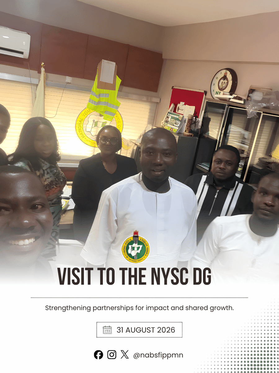 NABSFIPPMN's tweet photo. Our executives visited the Director-General's office at NYSC in Abuja to discuss areas of collaboration with NABSFIPPMN 

The future is bright, and we are building towards it.

Date: 31 August 2026
Venue: NYSC DG Office, Abuja https://t.co/Ci1m52bJJh