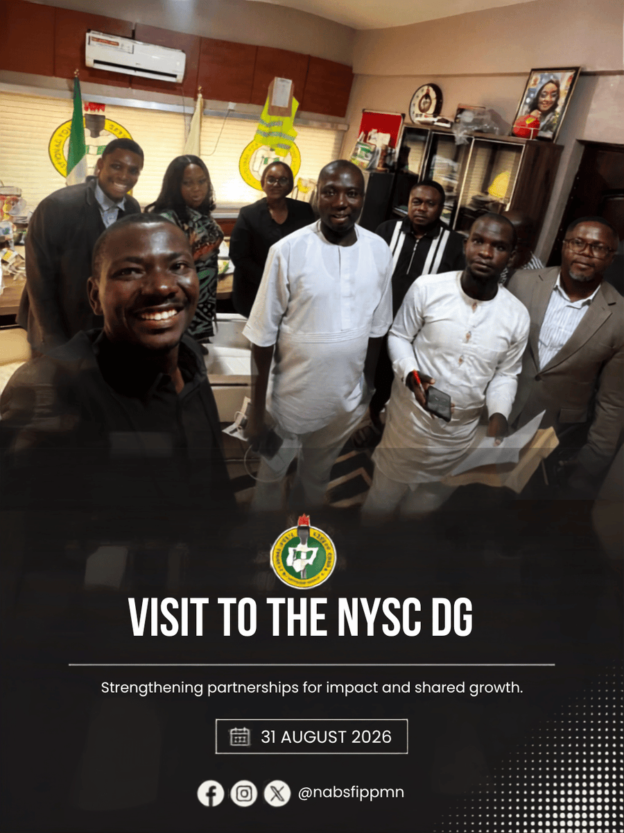 NABSFIPPMN's tweet photo. Our executives visited the Director-General's office at NYSC in Abuja to discuss areas of collaboration with NABSFIPPMN 

The future is bright, and we are building towards it.

Date: 31 August 2026
Venue: NYSC DG Office, Abuja https://t.co/Ci1m52bJJh