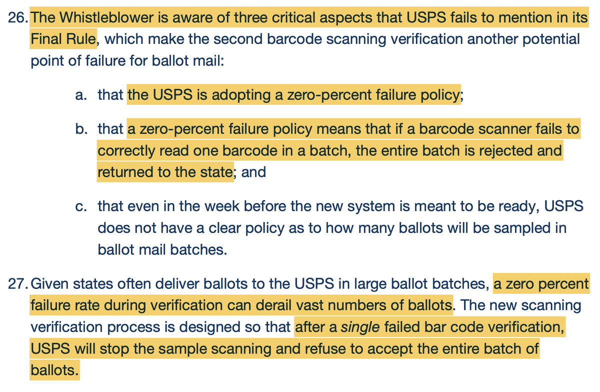 DemocracyDocket's tweet photo. A new whistleblower complaint reveals a serious flaw buried in USPS's mail ballot system: if even one ballot's barcode fails to scan, the entire batch — potentially thousands of ballots — gets rejected and sent back.

According to the whistleblower, USPS hasn't disclosed this to the public, and even days before launch, still has no policy for how many ballots will actually be checked.