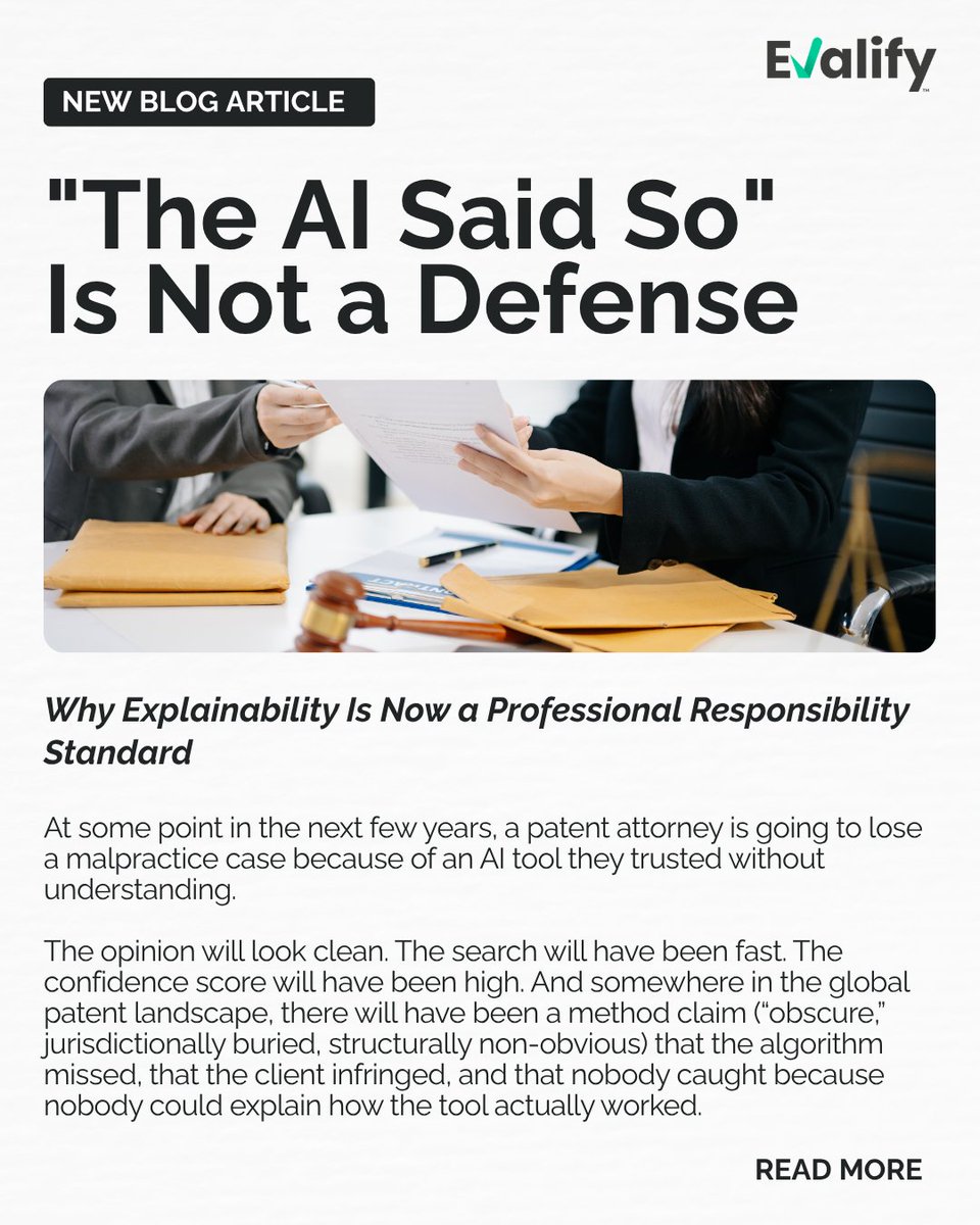 Evalifyai's tweet photo. #Evalify was built for explainability—helping patent attorneys interrogate the AI and stand behind the result.

Don’t just ask AI for an answer. Ask it to show its work.

https://t.co/YMGa0icn7n https://t.co/PCR77Htg8G