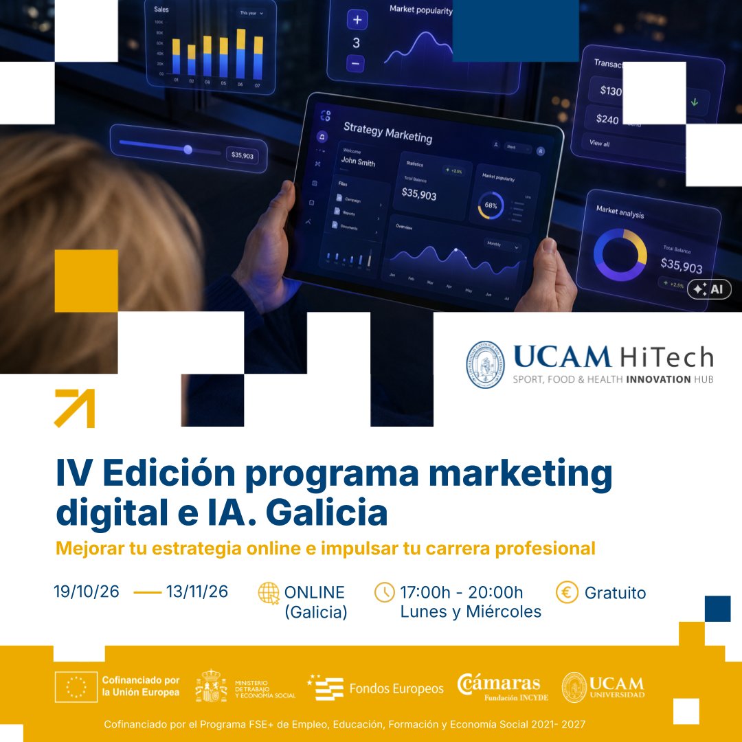 HitechUCAM's tweet photo. ⏳ ¿Has completado tu inscripción?
🎯 Fórmate en análisis de mercados, creación de contenidos, storytelling, copywriting y planificación de campañas digitales.
📅 Del 19/10 al 13/11 de 2026
🕒 Lunes y miércoles | 17:00-20:00 h
💻 Online | Galicia
💶 Gratuito
🔗 https://t.co/Q0GGIJO01A

#UCAMHiTech #MarketingDigital #Galicia
📍Programa cofinanciado por el Programa FSE+ de Empleo, Educación, Formación y Economía Social 2021-2027 de @FondosUE_Esp y la colaboración de @FundacionINCYDE y @UCAM