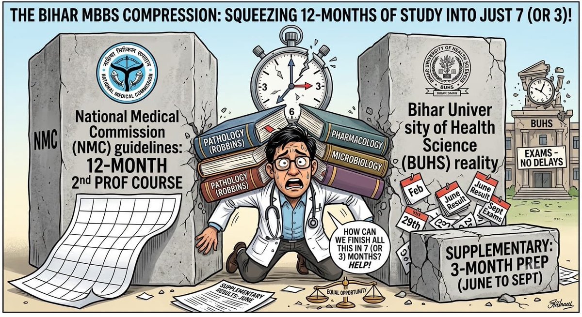 _Chandra_Kant_'s tweet photo. @NMC_BHARAT @MOHFW_INDIA @BiharHealthDept @official_aimsa @MSAI_India
BUHS has reduced 2nd-year MBBS teaching to ~3 months for supply students and ~6months for others,far below NMC's 39 week requirement. Students’ academics are at risk.Please intervene urgently.
#PostponeBUHSExam https://t.co/uyuW948zaz