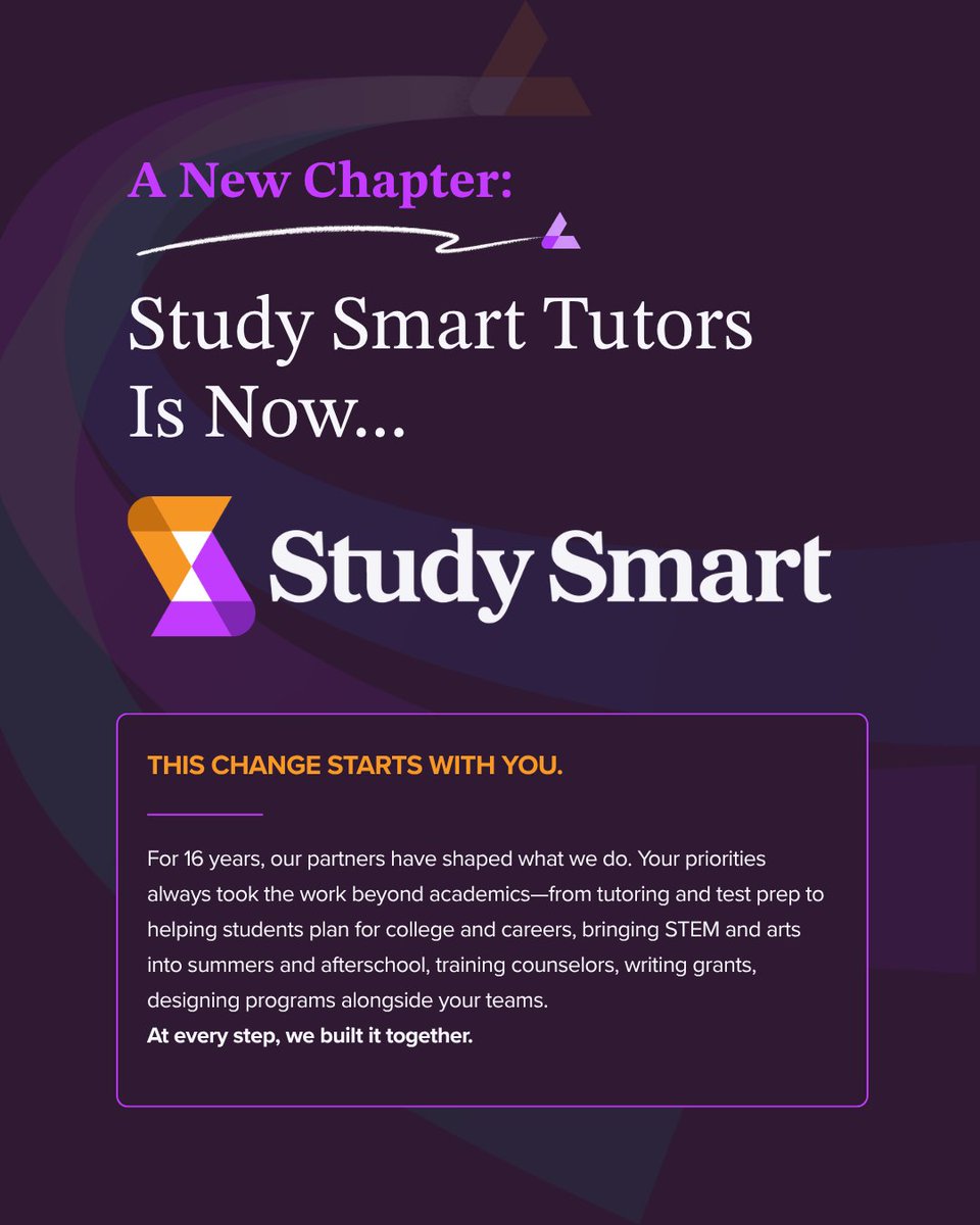 studysmart_us's tweet photo. Today marks an exciting new chapter for our team! 📣

Study Smart Tutors is now Study Smart. Same team. Same mission. A name that finally fits the work.

Read more here: https://t.co/sNzhja2H4W

#studysmart #studentsuccess #educationpartners #k12education #education https://t.co/v29bRoiAWU