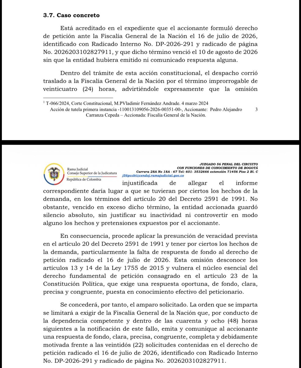 HombreJurista's tweet photo. La Gloria sea de Dios

Garantías para el profesor Ricardo Bonilla.

La @FiscaliaCol no puede ni en el caso contra el ex Ministro @ricardobonillag ni en ningún otro caso, simplemente guardar silencio cuando la defensa le pide información del caso, y eso, es algo que  un juez constitucional acaba de recordárselo.

El Juzgado 56 Penal del Circuito de Bogotá amparó nuestro  derecho fundamental de petición y de defensa y ordenó a la @FiscaliaCol responder, en 48 horas, las 22 solicitudes que formulamos con @escribidor2005 sobre un eventual preacuerdo y un eventual principio de oportunidad relacionados con Olmedo López. 

La sentencia deja un hecho especialmente grave: la #Fiscalía no respondió dentro del término legal y, después, tampoco contestó la tutela, pese a que el juzgado le concedió 24 horas para pronunciarse. 

El fallo calificó esa conducta como “silencio absoluto” y aplicó la presunción de veracidad del artículo 20 del Decreto 2591 de 1991. 

El juez también fijó un límite importante: si alguna información está sometida a reserva, la #Fiscalía deberá identificar la norma concreta, explicar por qué aplica y entregar todo aquello que no esté cobijado por esa reserva.

Este fallo no decide si existen o no beneficios judiciales para Olmedo López. Decide algo esencial en un Estado social de Derecho: las autoridades tienen que responder a las defensas cuando estas preguntan, motivar sus decisiones y rendir cuentas dentro de la #ley.

El silencio de una institución que debe obrar con lealtad procesal jamás es, ni será, una respuesta.