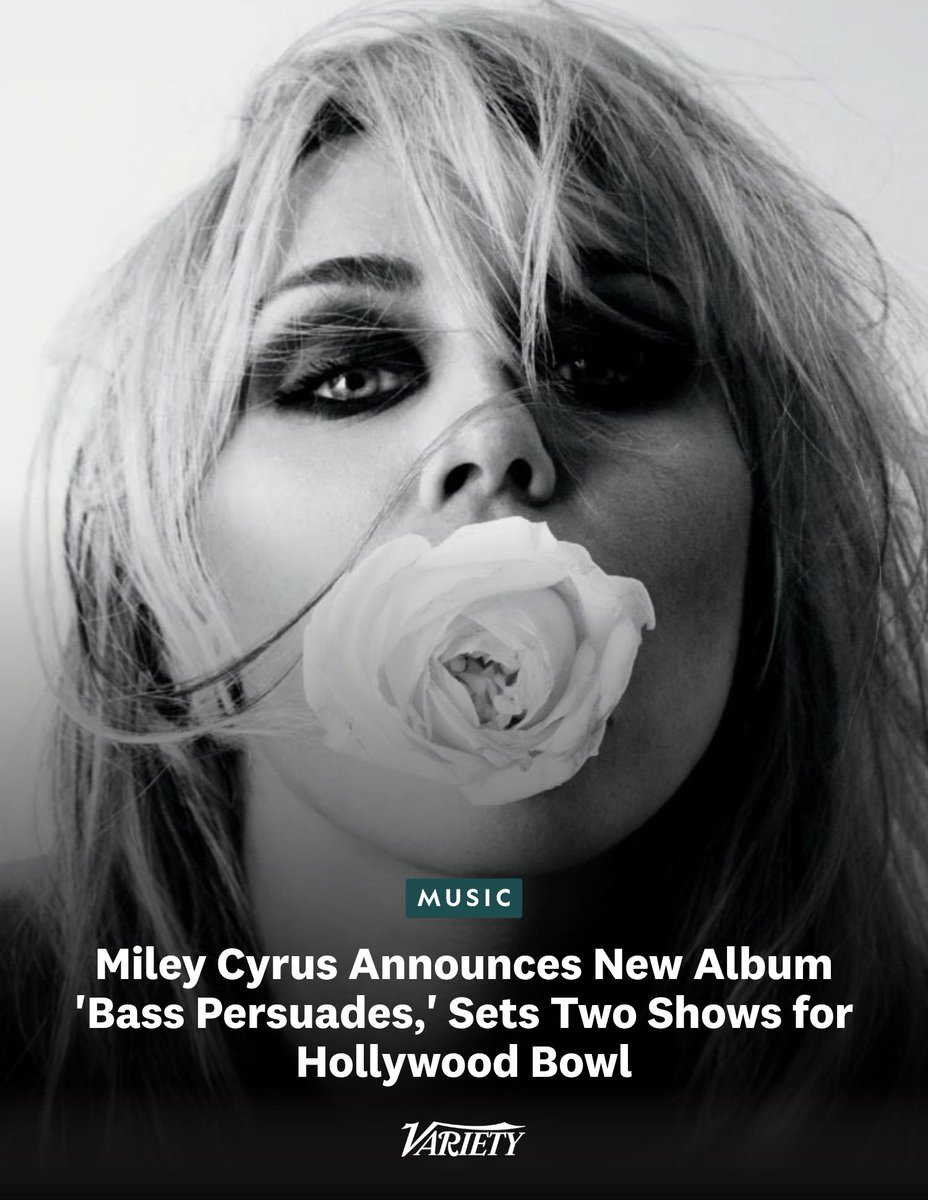 Variety's tweet photo. Miley Cyrus has announced her new album, "Bass Persuades," releasing September 18.

She will also return to the stage for two nights at the Hollywood Bowl in Los Angeles on October 16 and 18.

“It’s been a while,” Cyrus wrote on Instagram. “The Hollywood Bowl is my favorite place to experience music and see my favorite artists. I’ve sat in those seats many times, but I’ve never taken the stage. LA is my heart and I’m bringing it home. See you there. ❤️ Miley.”

https://t.co/g2rDGp7oyl
