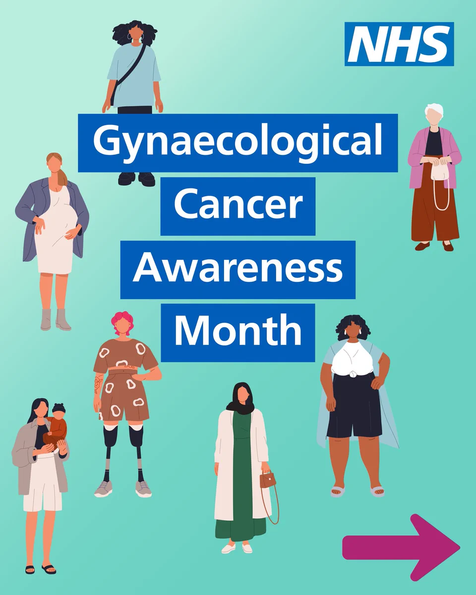 Illustration of different women of various ages and ethnicities. Copy reads: 'Gynaecological Cancer Awareness Month'. NHS logo is in the top right corner. An arrow to encourage swiping is in the bottom left corner.