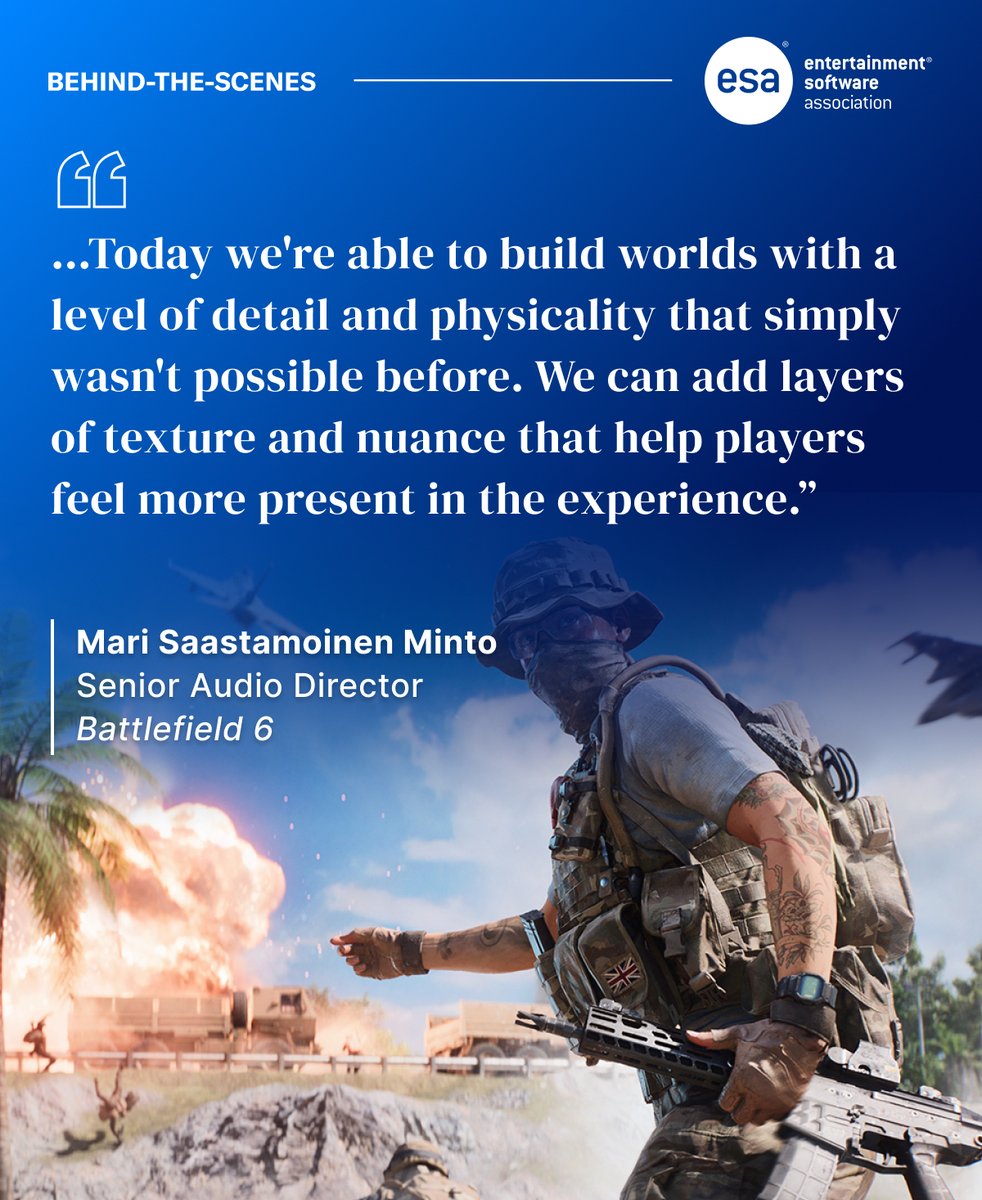 theESA's tweet photo. What makes a Battlefield experience unforgettable? The sound.

We sat down with Battlefield Studios’ Senior Audio Director Mari Saastamoinen Minto to discuss how @EA’s @Battlefield 6 audio creates a more immersive and authentic experience for players.

🔗https://t.co/dDg8UhfMeb https://t.co/MzF1KqdZkM
