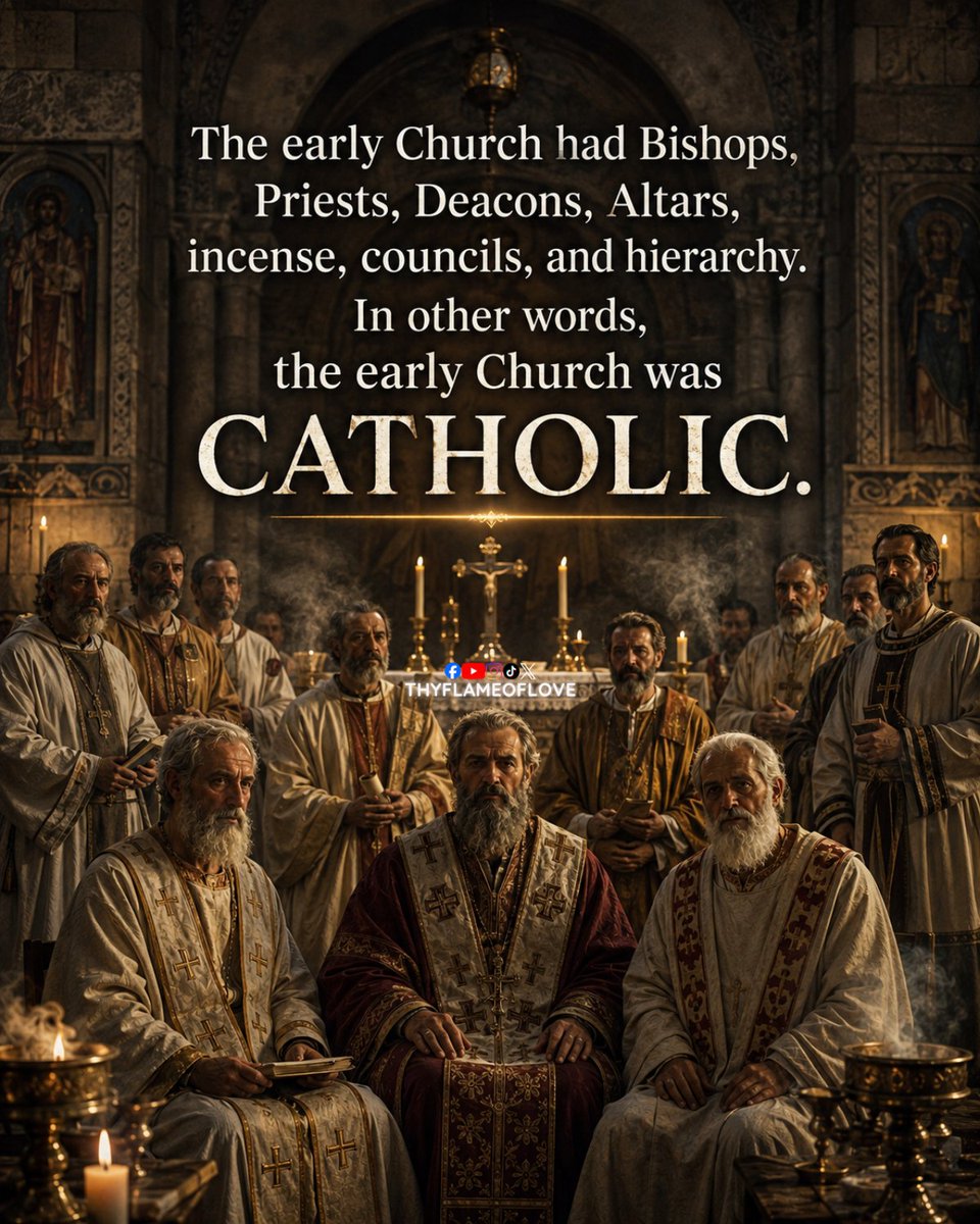 thyflameoflove's tweet photo. The early Church was not a loose group of Christians making up their own beliefs. From the beginning, we see bishops, priests, and deacons, the Eucharist at the center of worship, and Church leaders gathering to settle questions, just as the apostles did in Acts 15.

St. Ignatius of Antioch (Disciple of Apostle John), writing around A.D. 107, said, “Wherever Jesus Christ is, there is the Catholic Church.” He also told Christians to remain united with their bishop, priests, and deacons.

The forms developed over time, but the basic structure was already there. The Catholic claim is simple: this Church did not appear centuries later. It grew from the Church Christ gave to the apostles.

If the earliest Christians lived with this authority, worship, and unity, why do so many people assume Christianity was meant to look completely different?

Someone searching for the roots of Christianity may need to see this.