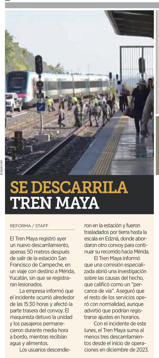DeniseDresserG's tweet photo. Ahora le llamarán “percance de vía”, porque en la 4T hasta los descarrilamientos necesitan eufemismos.

Es el tercero del Tren Maya desde que comenzó a operar. Una obra marcada por la improvisación, las prisas, sobrecostos, subsidios permanentes y negocios para unos cuantos. Muy lejos de cumplir con el crecimiento turístico y económico prometido.

No es sólo un elefante blanco. Es un elefante enfermo.