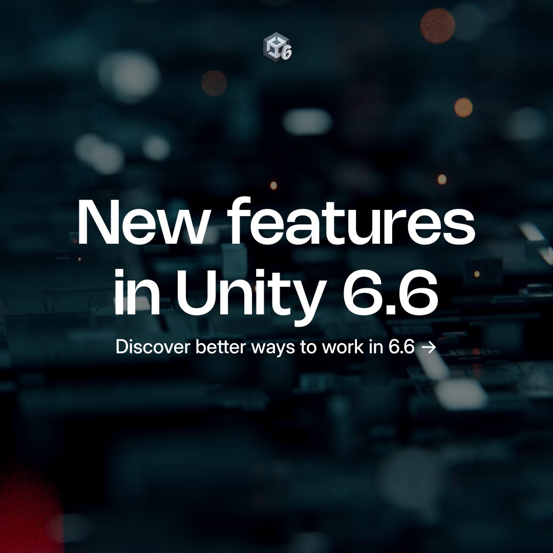 unitygames's tweet photo. Unity 6.6 is here⚡️

From accelerated scene testing with Fast Enter Play Mode by default to smarter asset management with content directories, 6.6 is packed with upgrades built to speed up your workflow and lay the groundwork for Unity 7.

🔗 Learn what else is new: https://t.co/lKWYDXD3ec